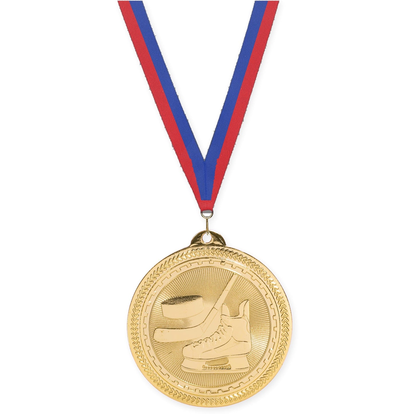 2 inch hockey Sunburst medal in bright gold with Blue Red neck ribbon