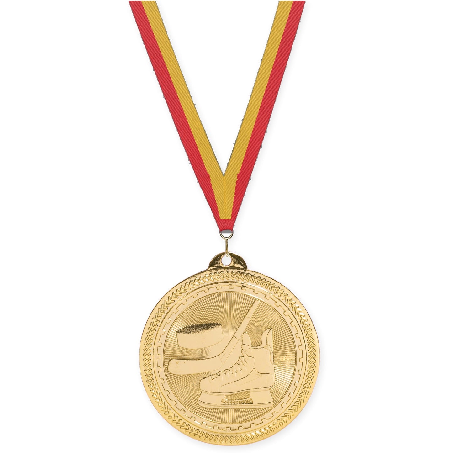 2 inch hockey Sunburst medal in bright gold with Red Gold neck ribbon