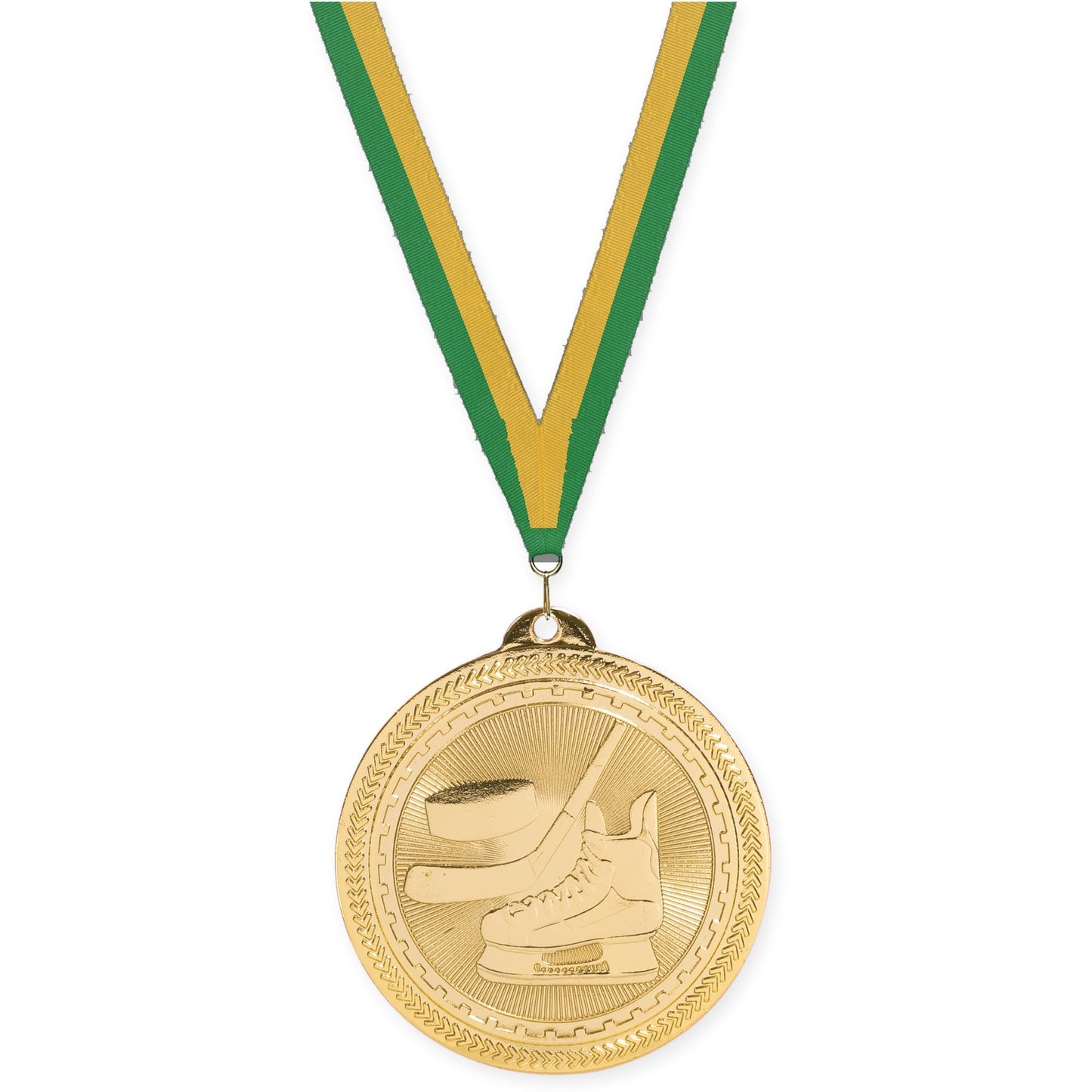 2 inch hockey Sunburst medal in bright gold with Green Gold neck ribbon
