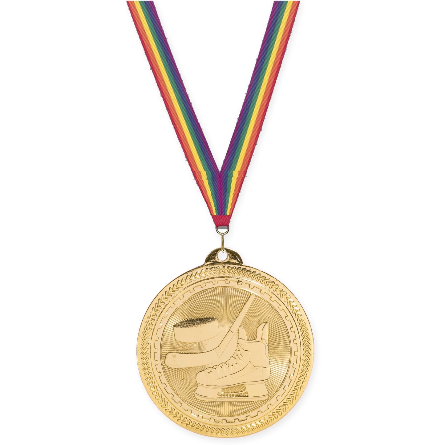 2 inch hockey Sunburst medal in bright gold with Rainbow neck ribbon