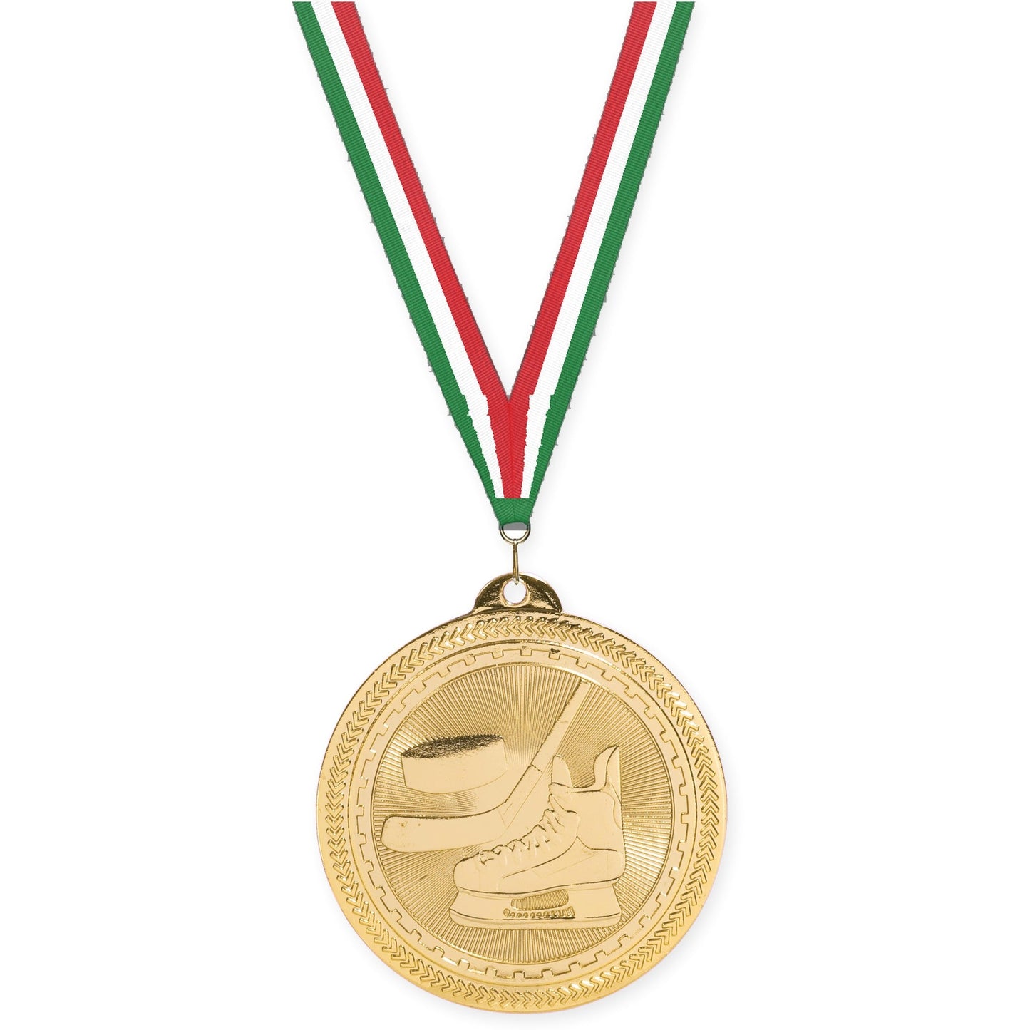 2 inch hockey Sunburst medal in bright gold with Green White Red neck ribbon