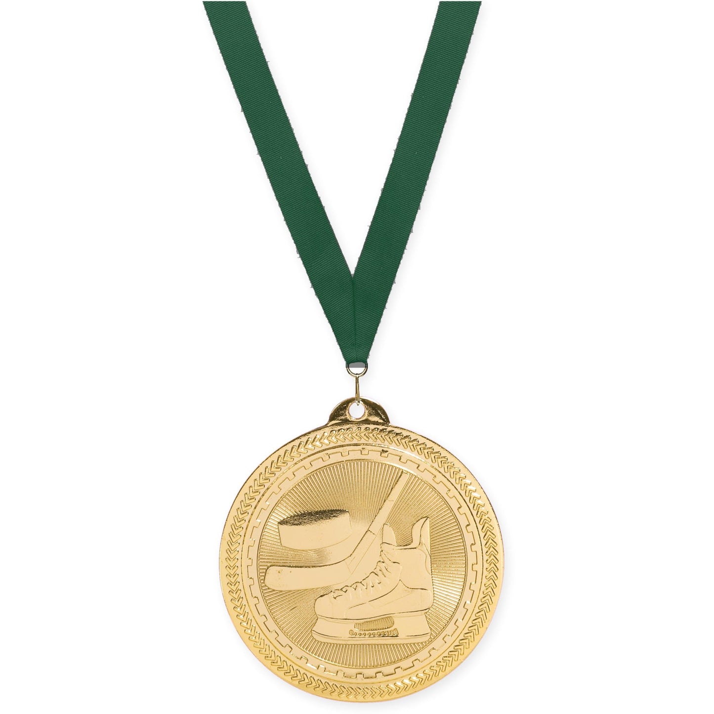 2 inch hockey Sunburst medal in bright gold with Hunter Green neck ribbon