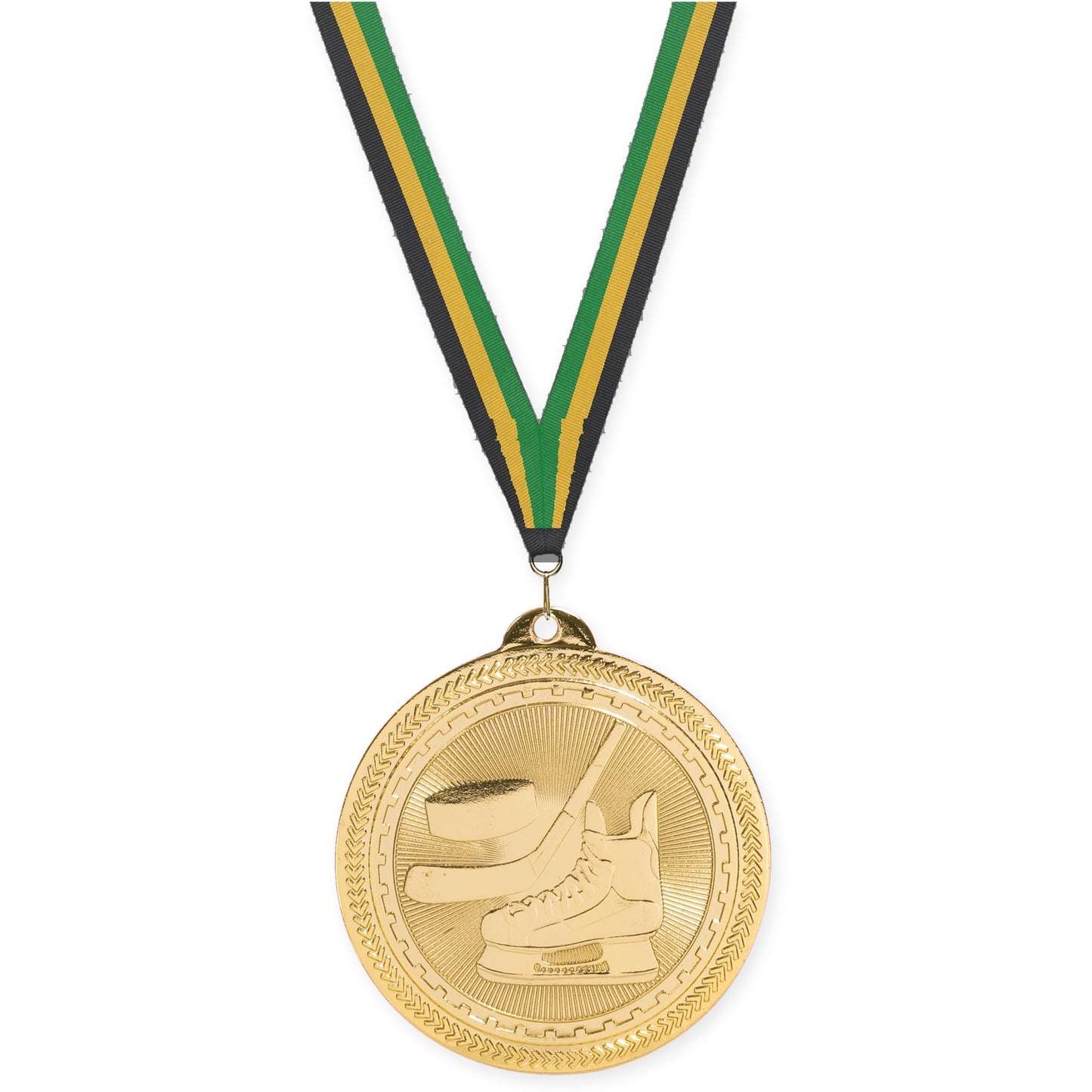 2 inch hockey Sunburst medal in bright gold with Black Gold Green neck ribbon