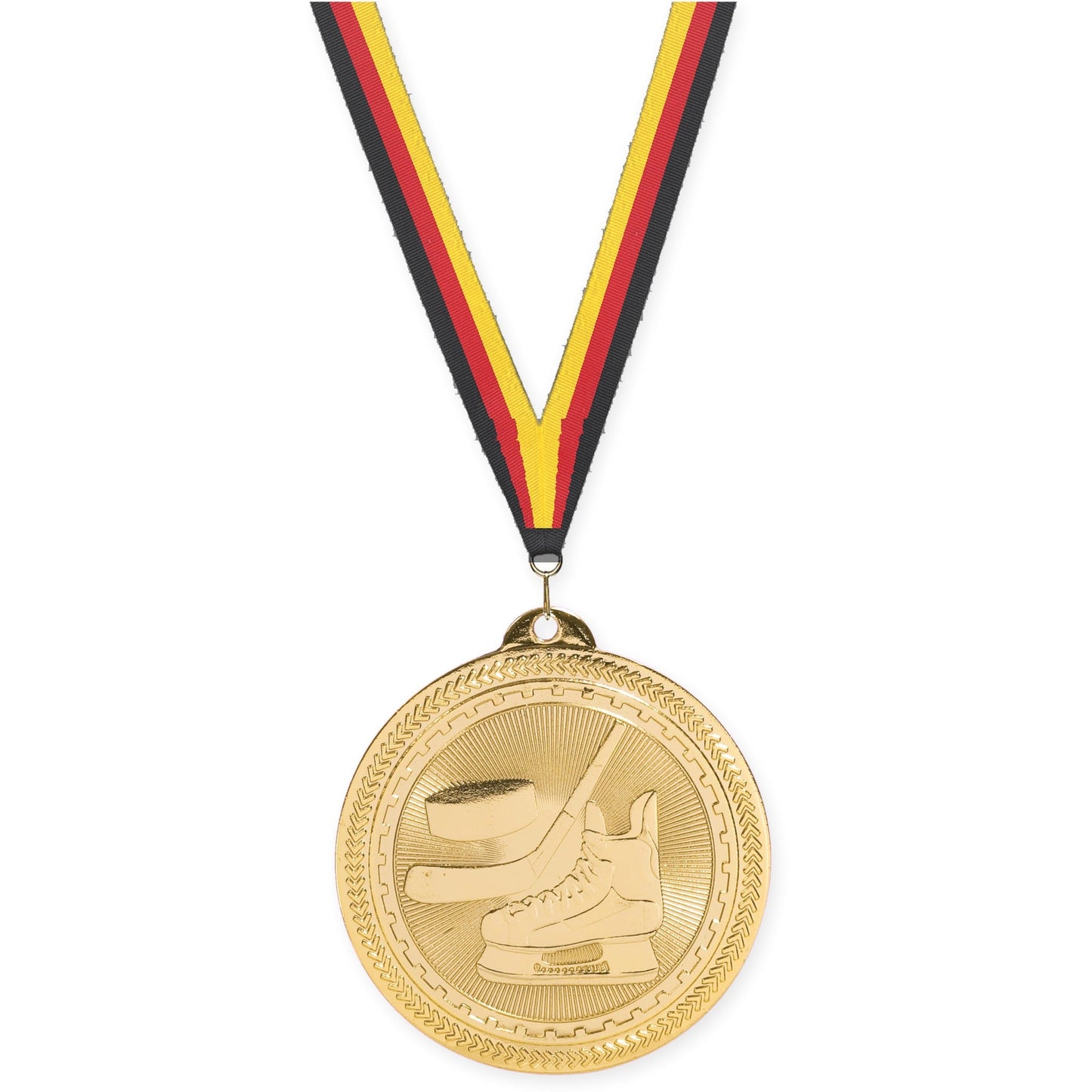 2 inch hockey Sunburst medal in bright gold with Black Red Yellow neck ribbon