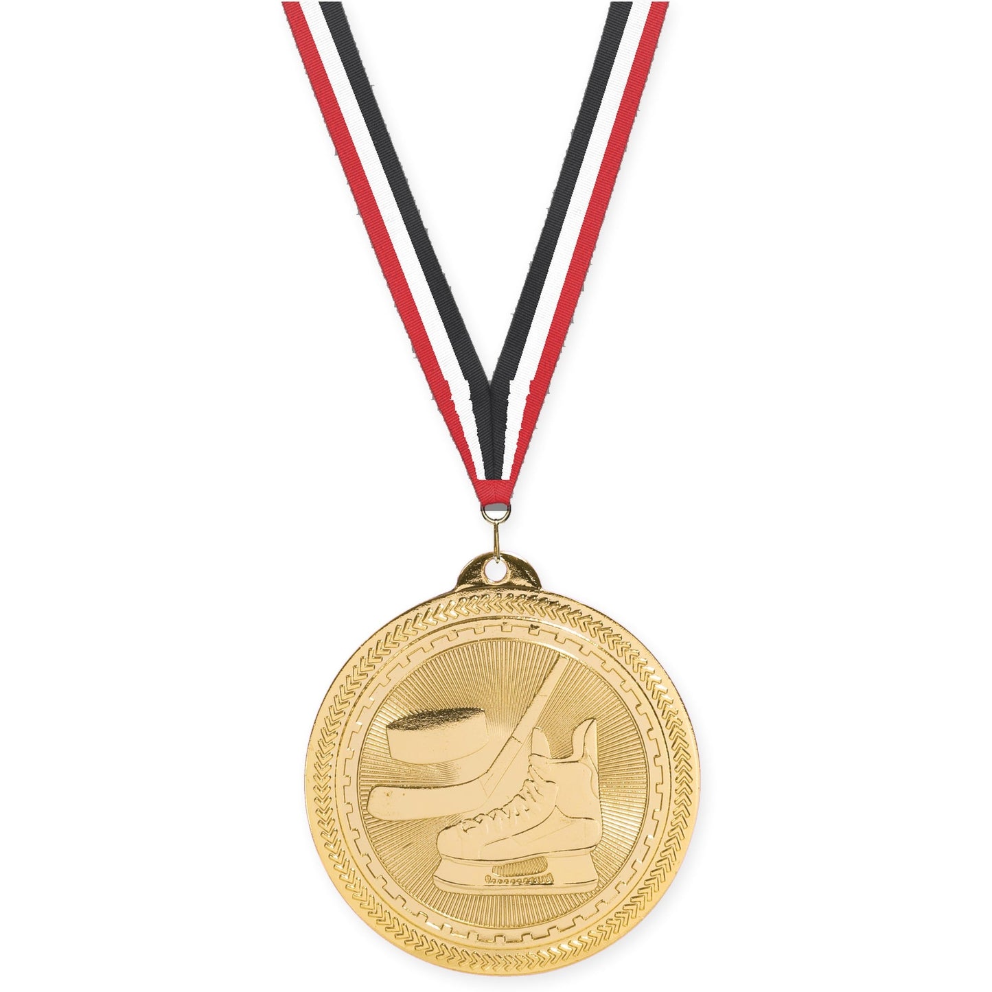 2 inch hockey Sunburst medal in bright gold with Red White Black neck ribbon