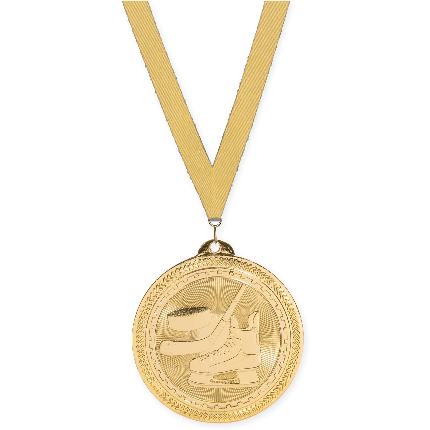 2 inch hockey Sunburst medal in bright gold with Gold Metallic neck ribbon