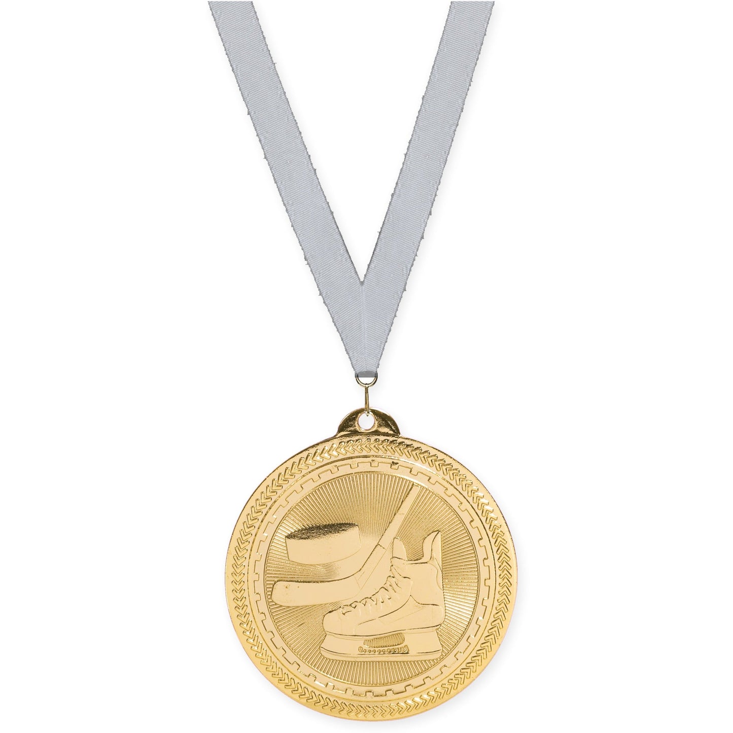 2 inch hockey Sunburst medal in bright gold with Silver Metallic neck ribbon
