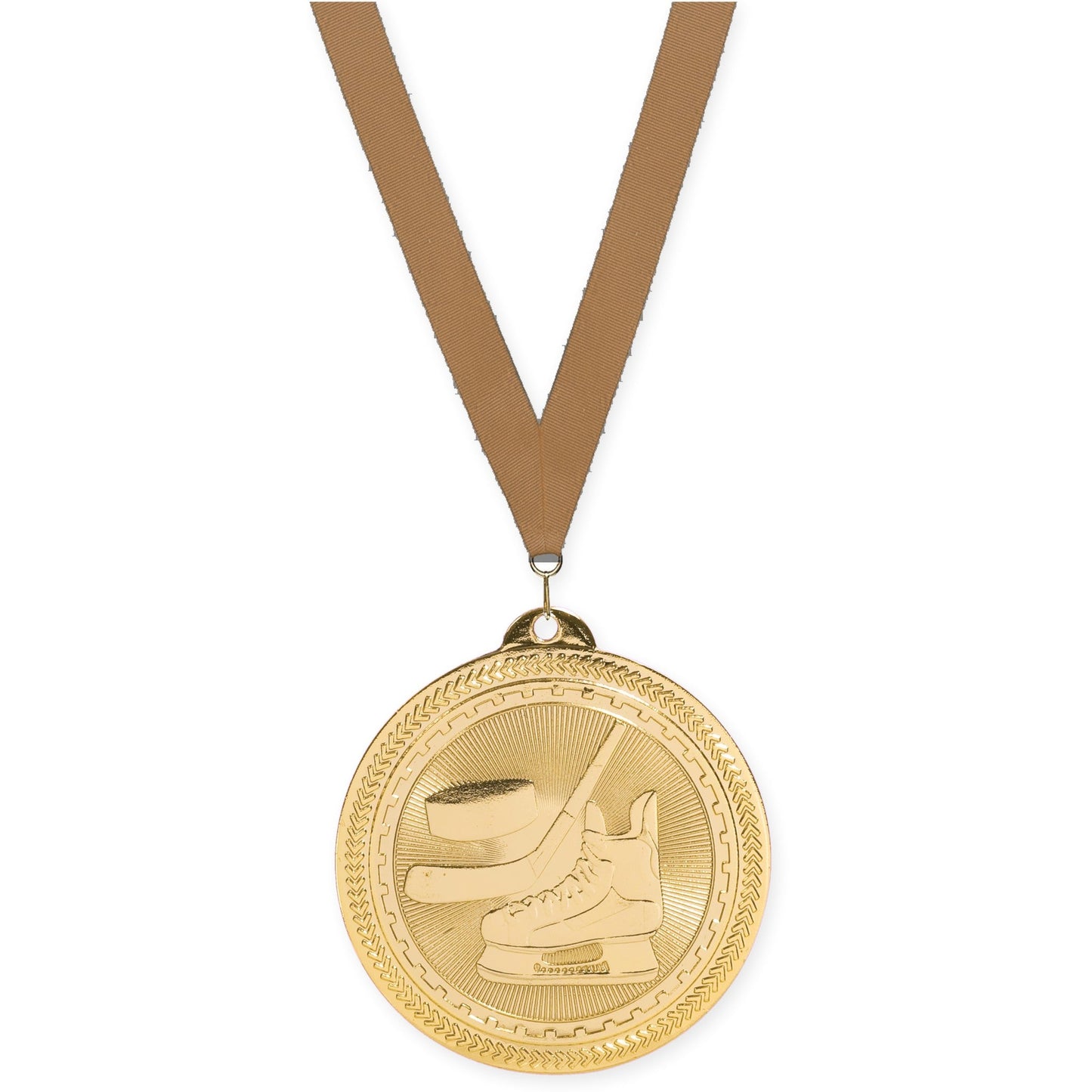 2 inch hockey Sunburst medal in bright gold with Bronze Metallic neck ribbon