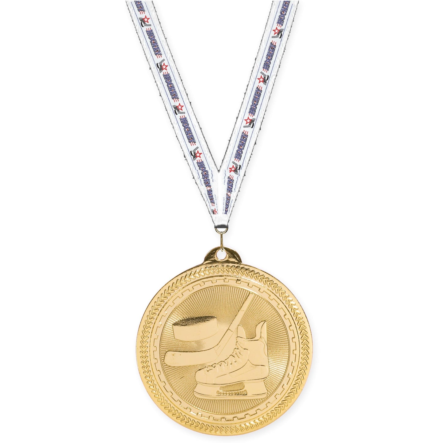 2 inch hockey Sunburst medal in bright gold with Hockey neck ribbon