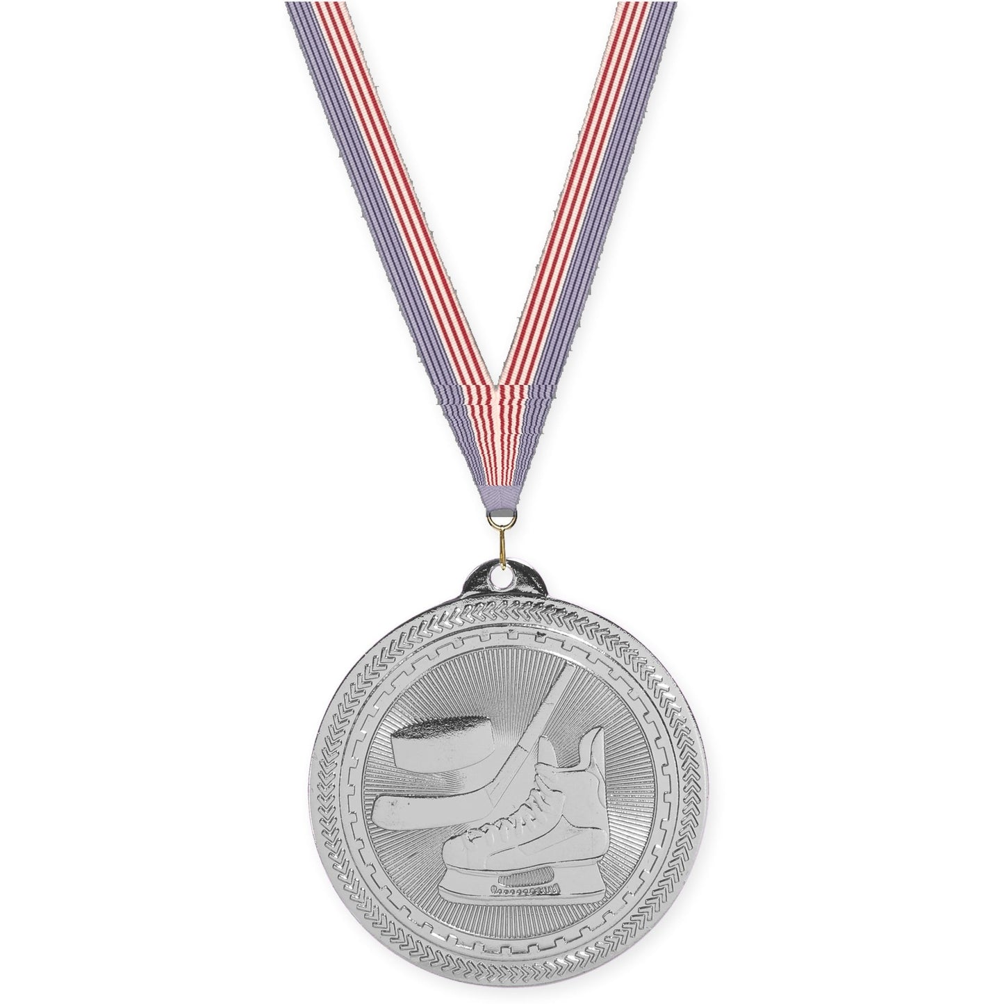 2 inch hockey Sunburst medal in bright silver with USA Flag neck ribbon