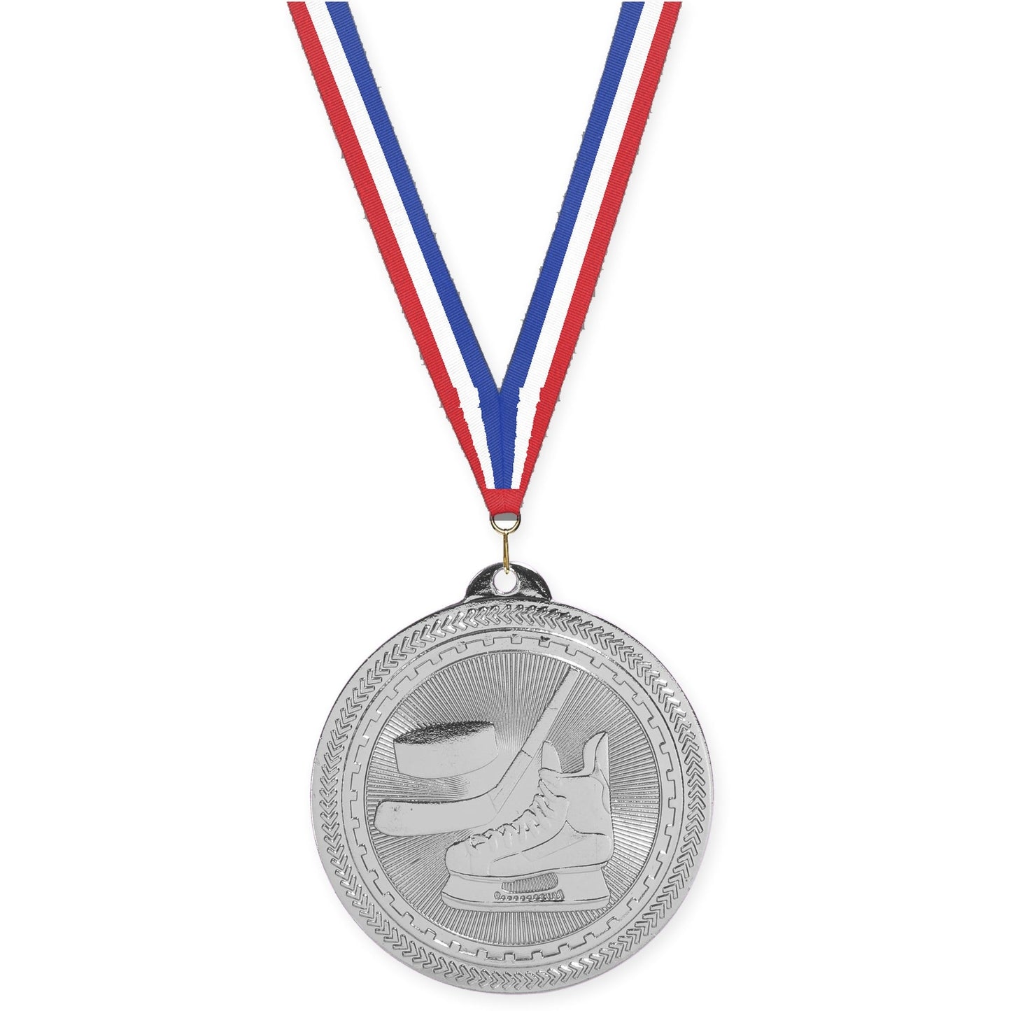 2 inch hockey Sunburst medal in bright silver with Red White Blue neck ribbon