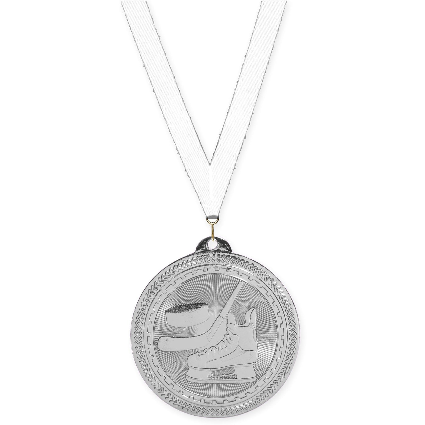 2 inch hockey Sunburst medal in bright silver with White neck ribbon