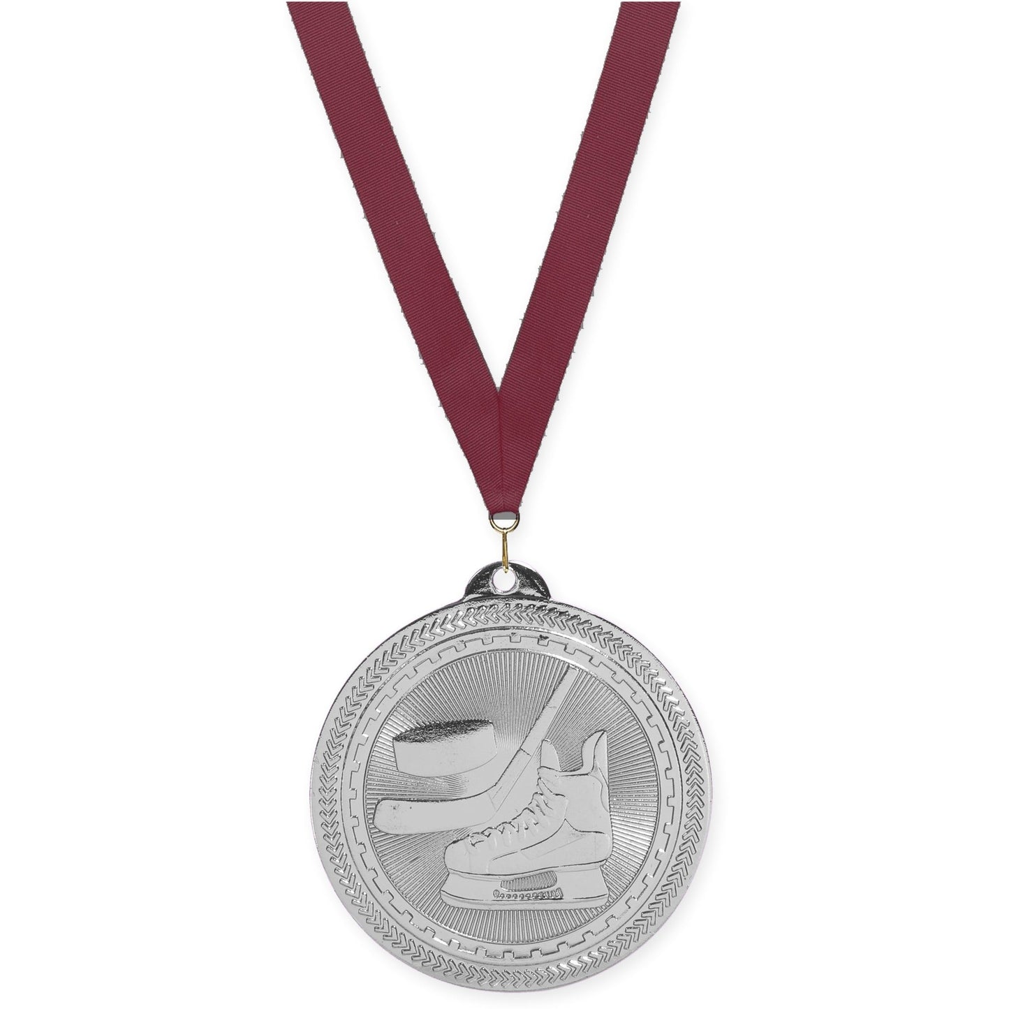 2 inch hockey Sunburst medal in bright silver with Maroon neck ribbon
