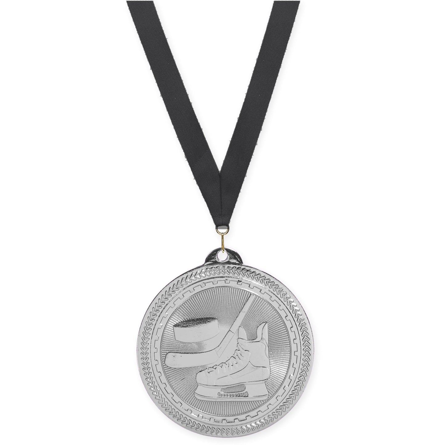 2 inch hockey Sunburst medal in bright silver with Black neck ribbon