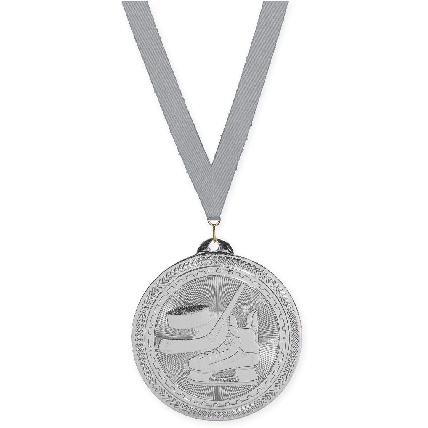 2 inch hockey Sunburst medal in bright silver with Gray neck ribbon