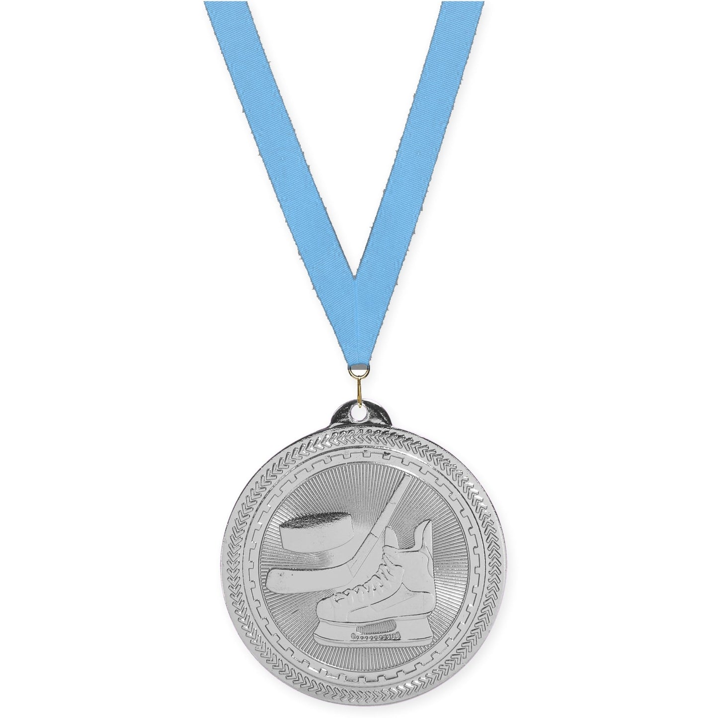 2 inch hockey Sunburst medal in bright silver with Light Blue neck ribbon