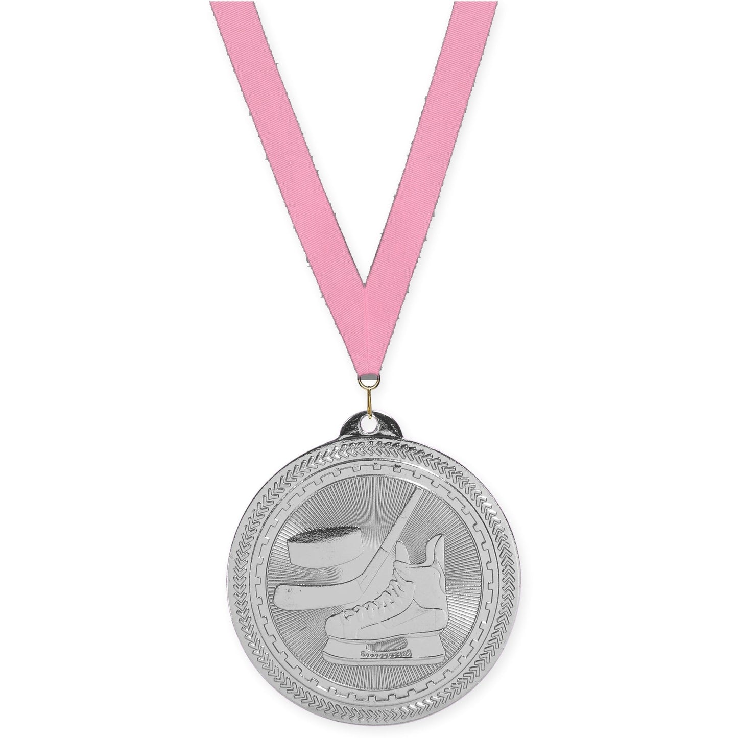 2 inch hockey Sunburst medal in bright silver with Pink neck ribbon