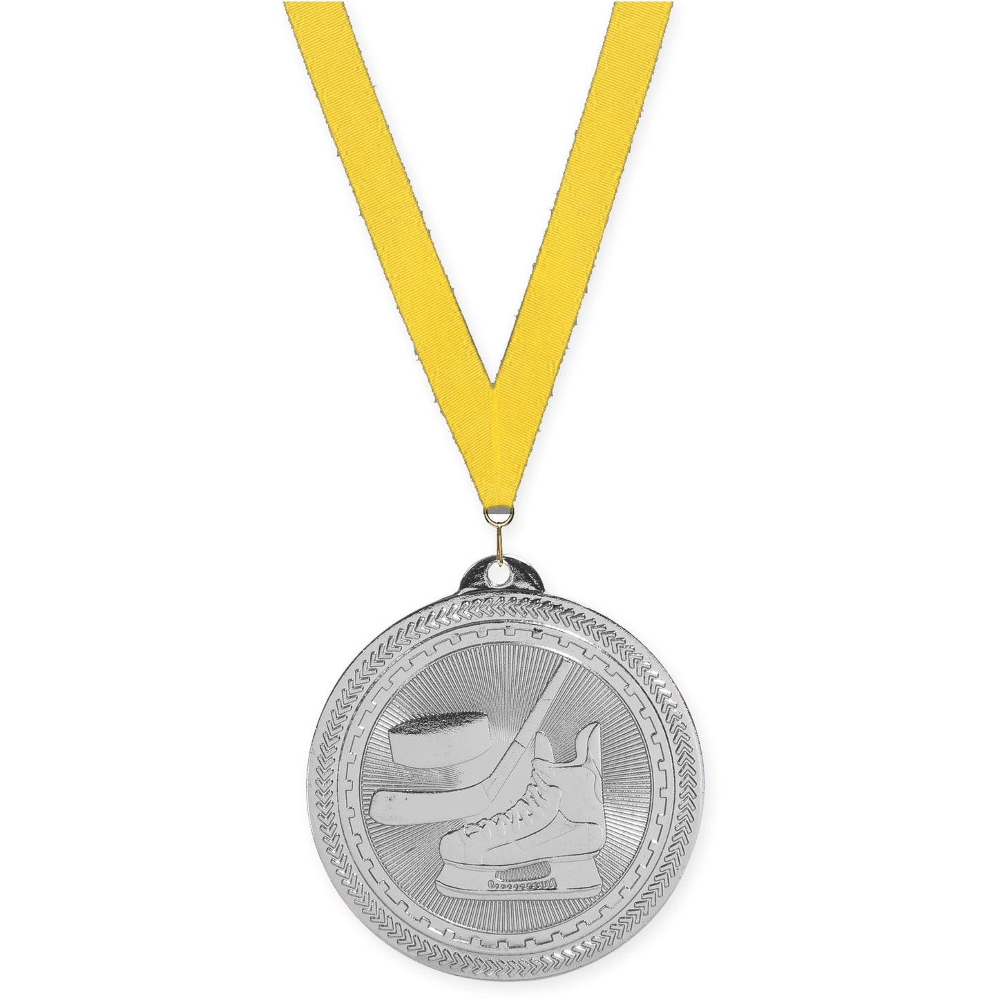 2 inch hockey Sunburst medal in bright silver with Yellow neck ribbon