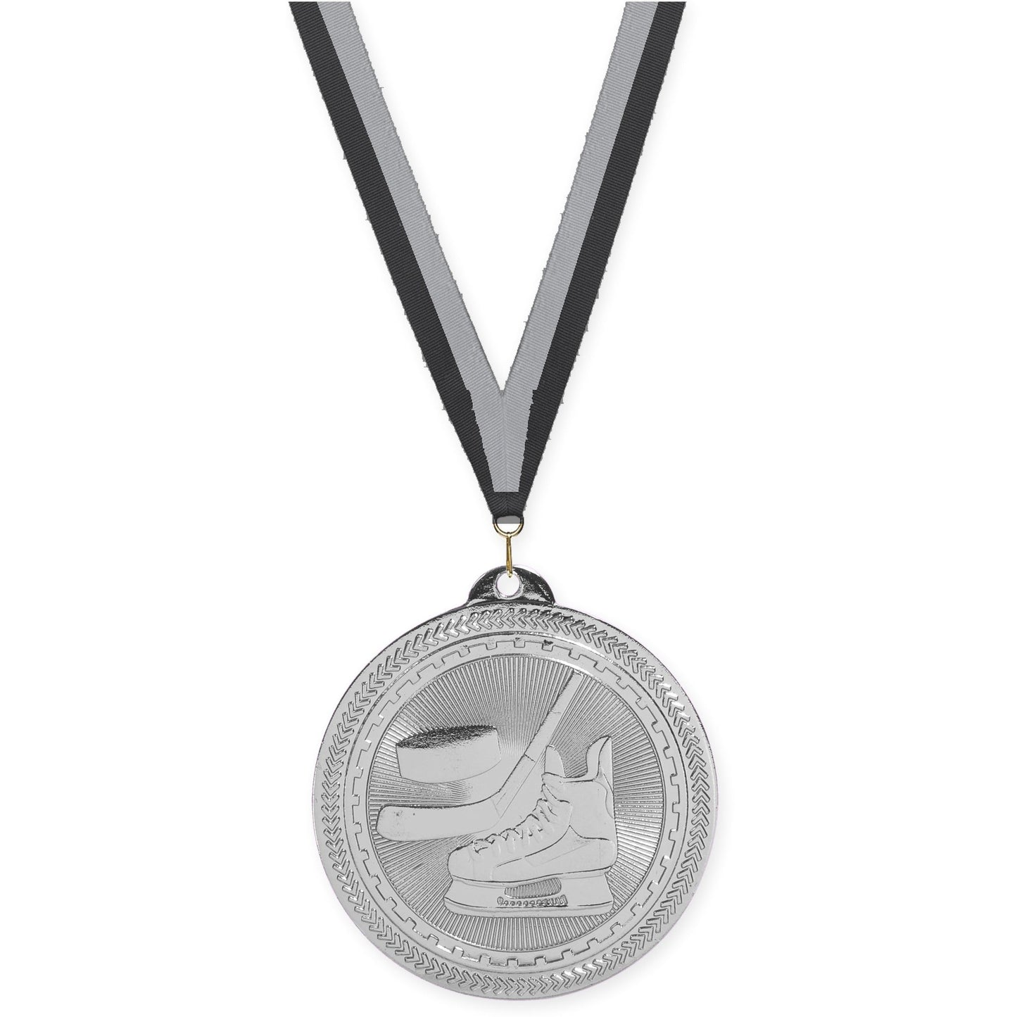 2 inch hockey Sunburst medal in bright silver with Black Gray neck ribbon