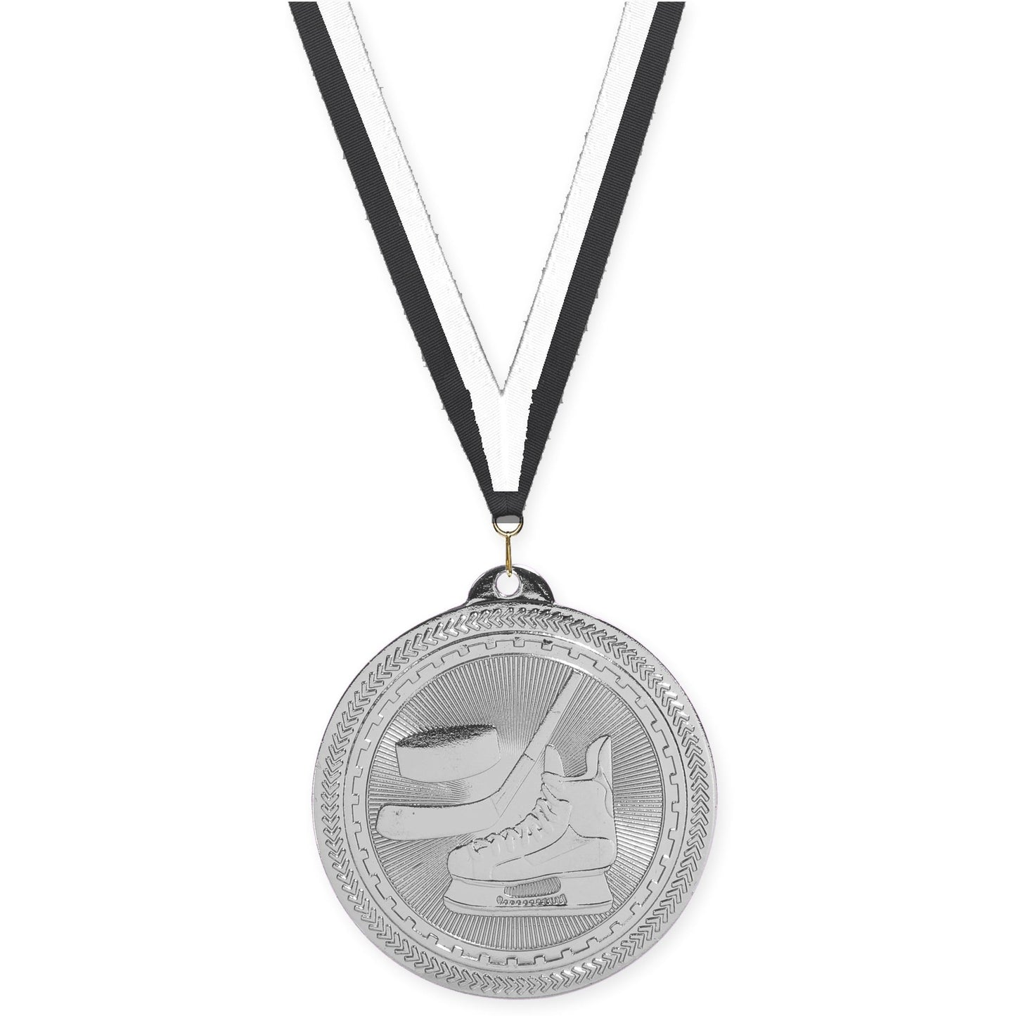2 inch hockey Sunburst medal in bright silver with Black White neck ribbon