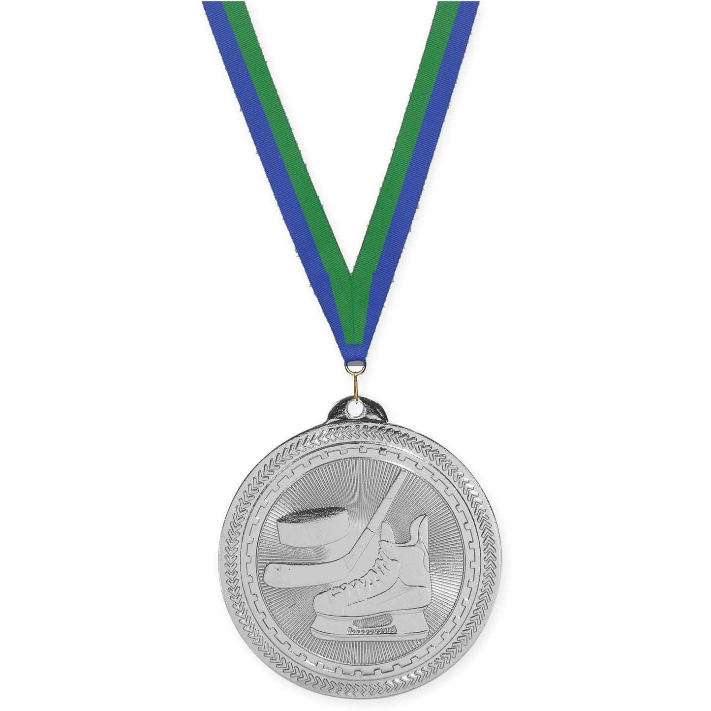 2 inch hockey Sunburst medal in bright silver with Blue Green neck ribbon