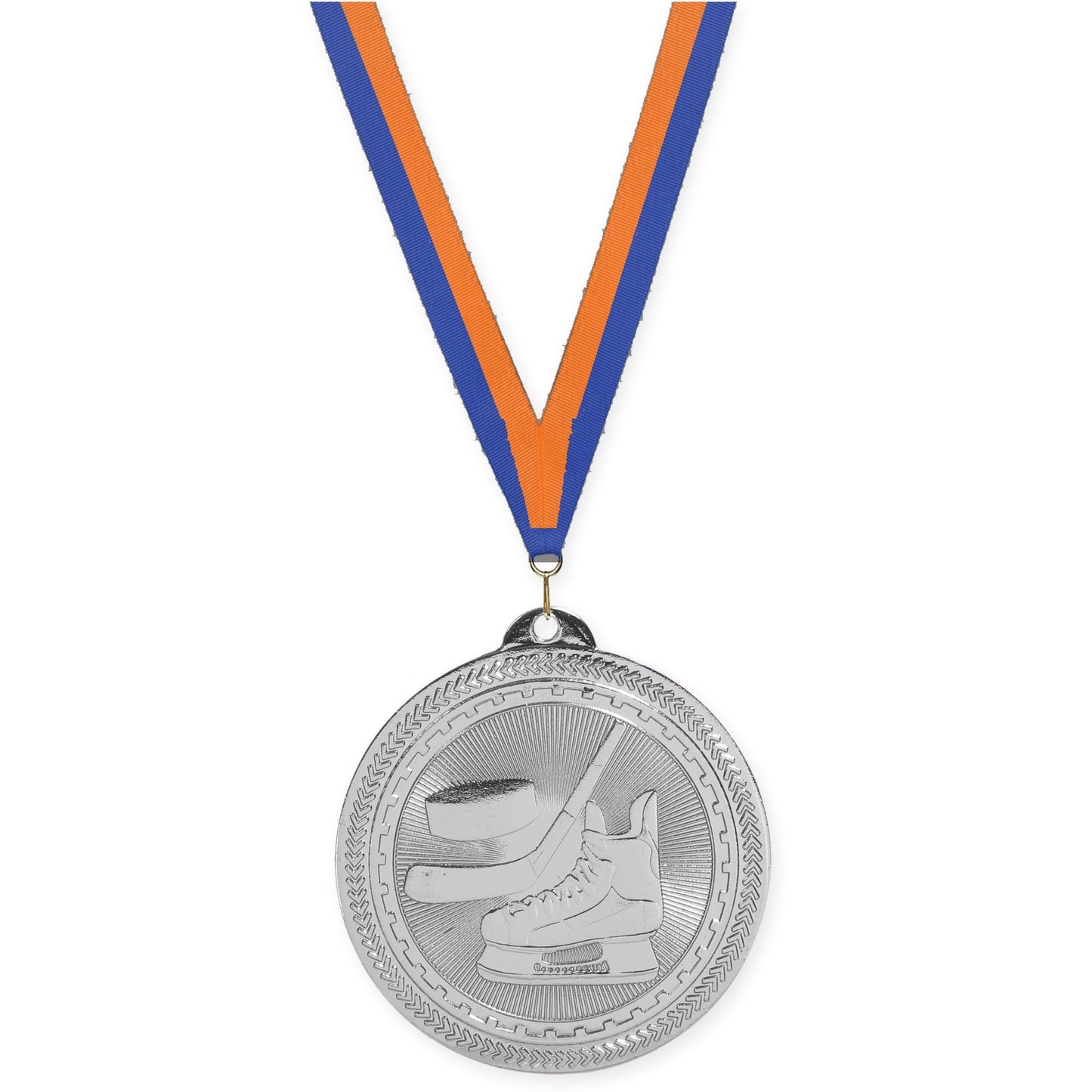 2 inch hockey Sunburst medal in bright silver with Blue Orange neck ribbon