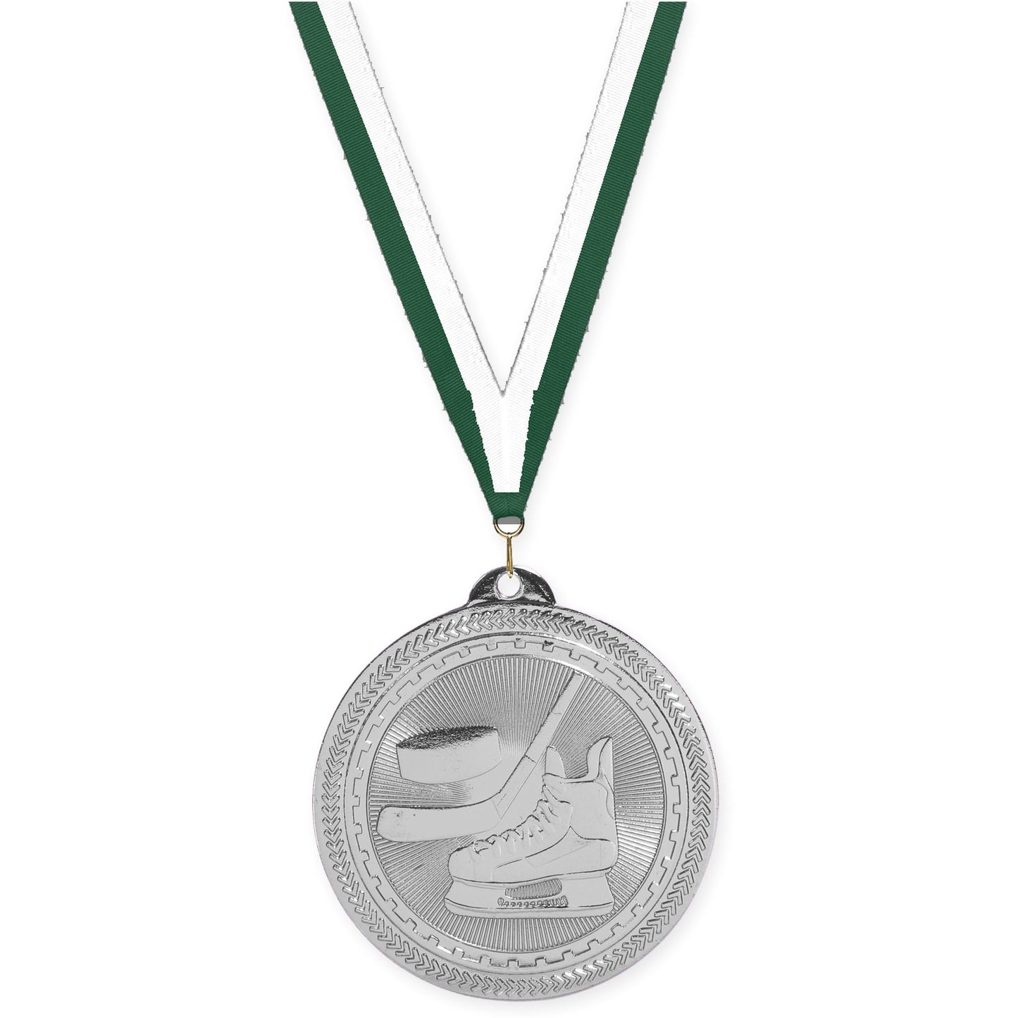 2 inch hockey Sunburst medal in bright silver with Hunter Green White neck ribbon
