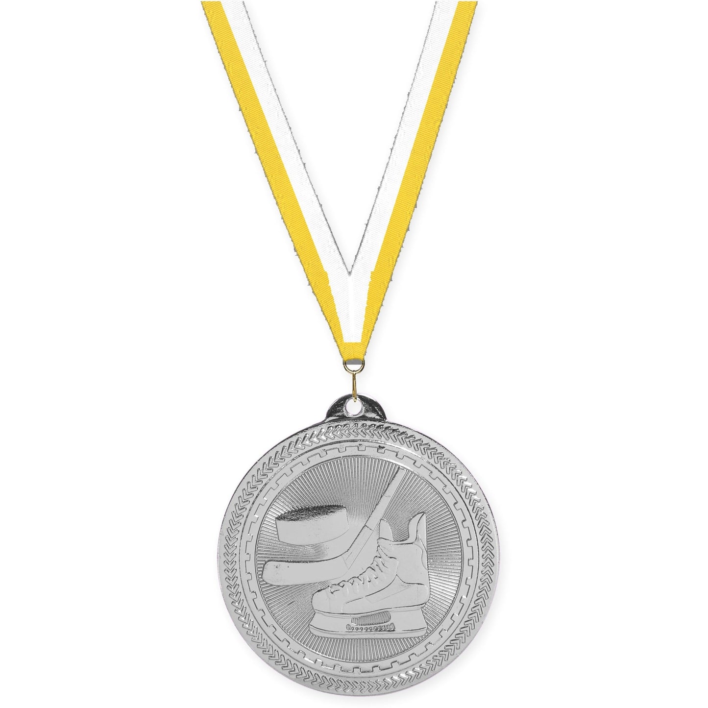 2 inch hockey Sunburst medal in bright silver with Yellow White neck ribbon