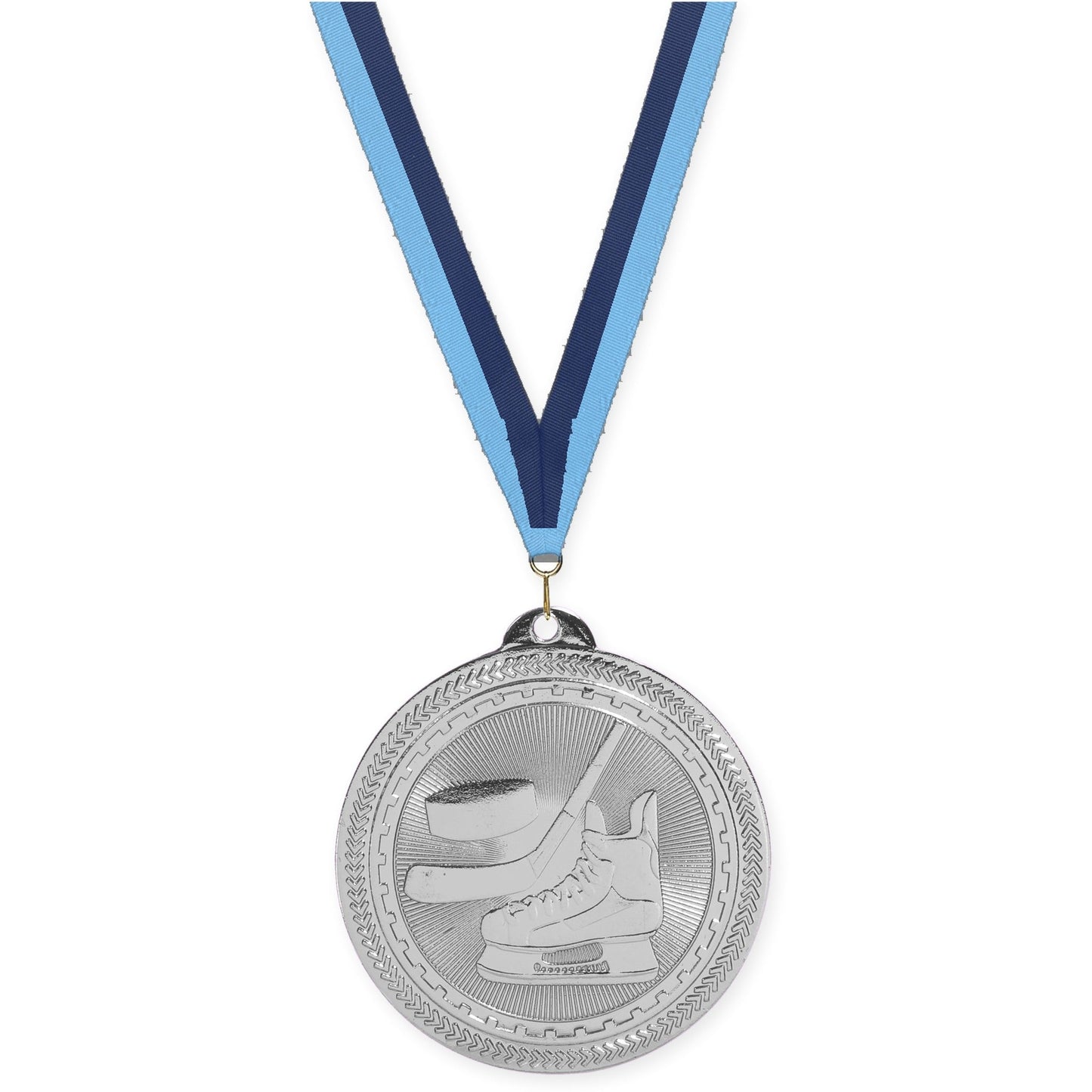 2 inch hockey Sunburst medal in bright silver with Light Blue Navy neck ribbon