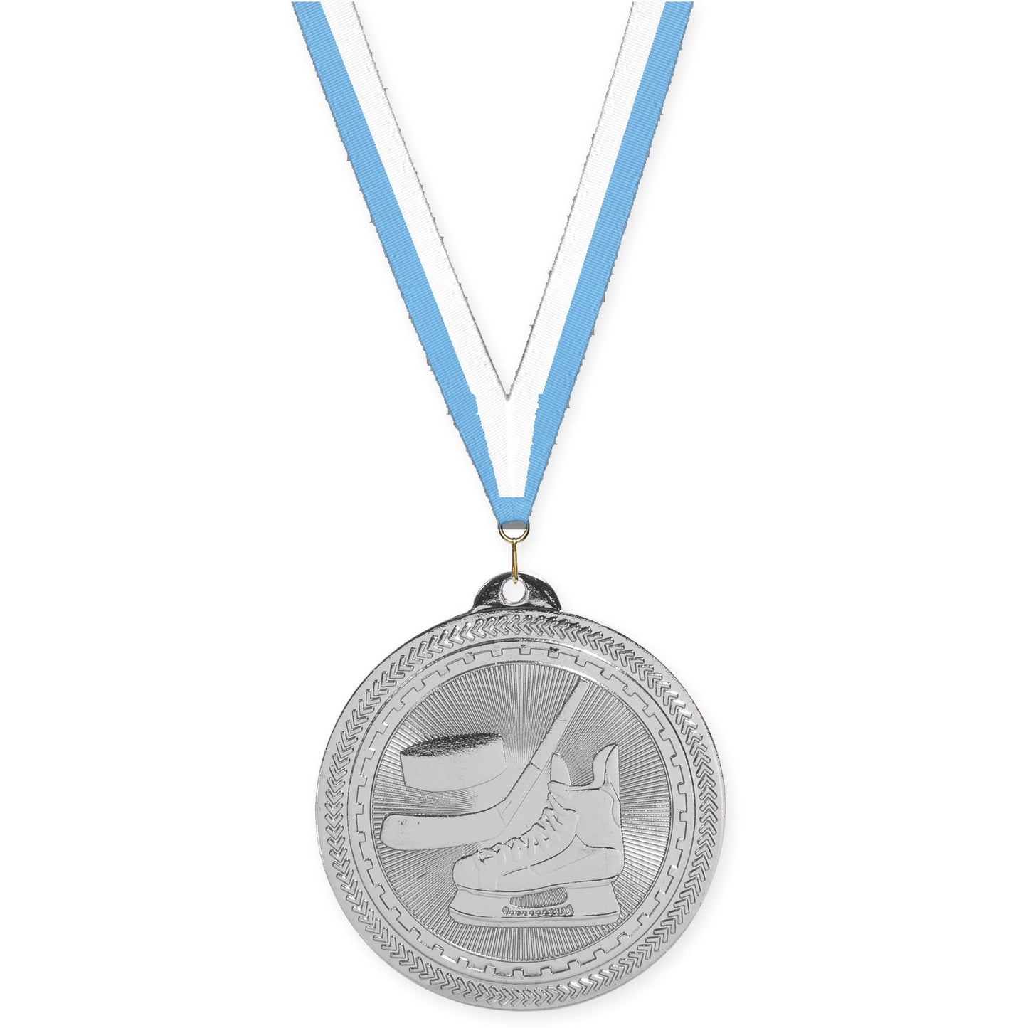 2 inch hockey Sunburst medal in bright silver with Light Blue White neck ribbon