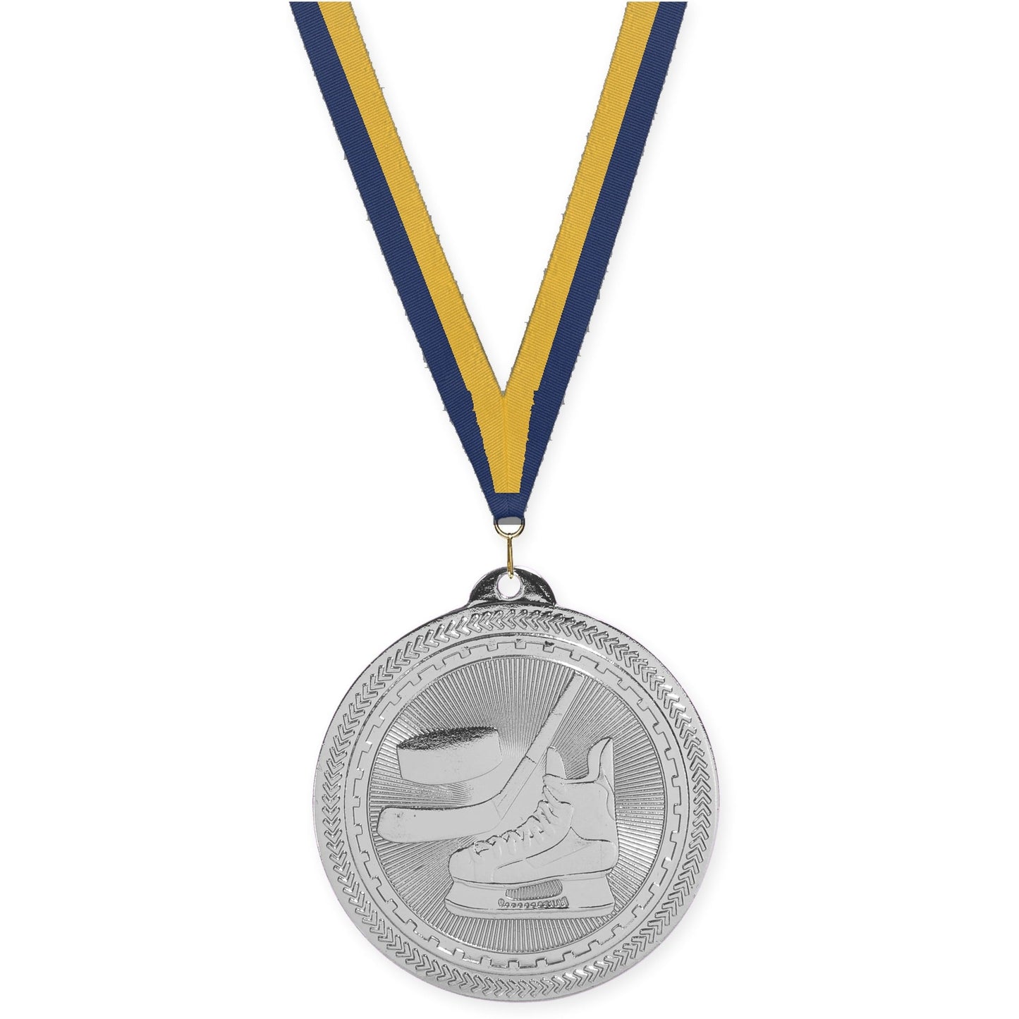 2 inch hockey Sunburst medal in bright silver with Navy Gold neck ribbon