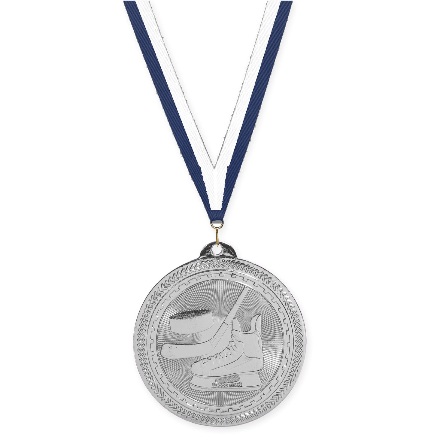 2 inch hockey Sunburst medal in bright silver with Navy White neck ribbon