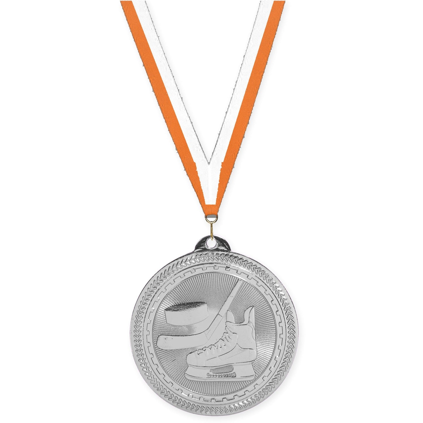 2 inch hockey Sunburst medal in bright silver with Orange White neck ribbon