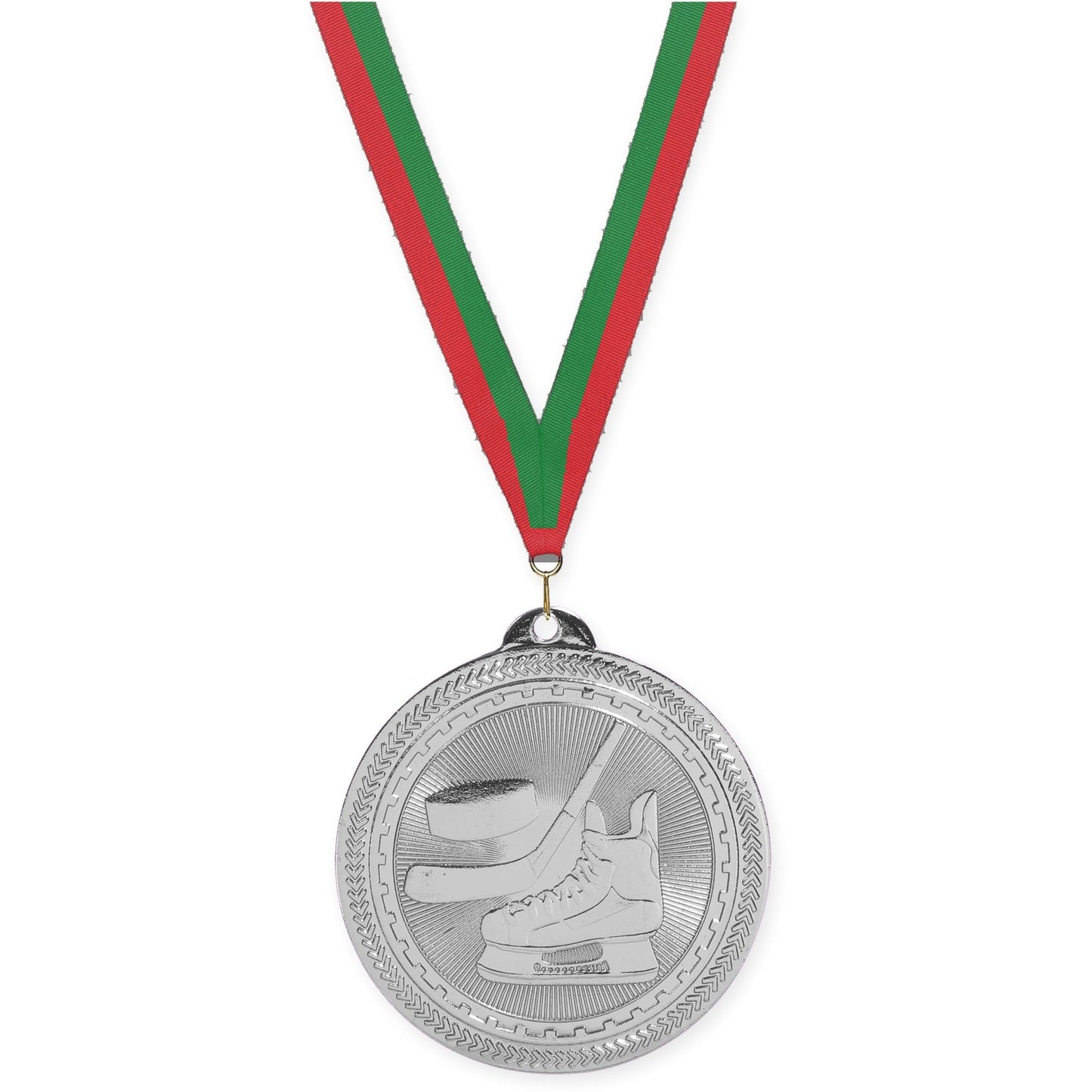 2 inch hockey Sunburst medal in bright silver with Red Green neck ribbon
