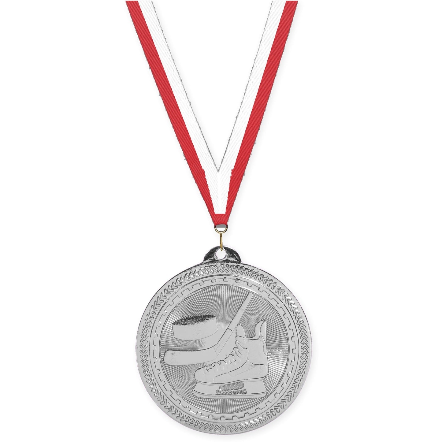 2 inch hockey Sunburst medal in bright silver with Red White neck ribbon