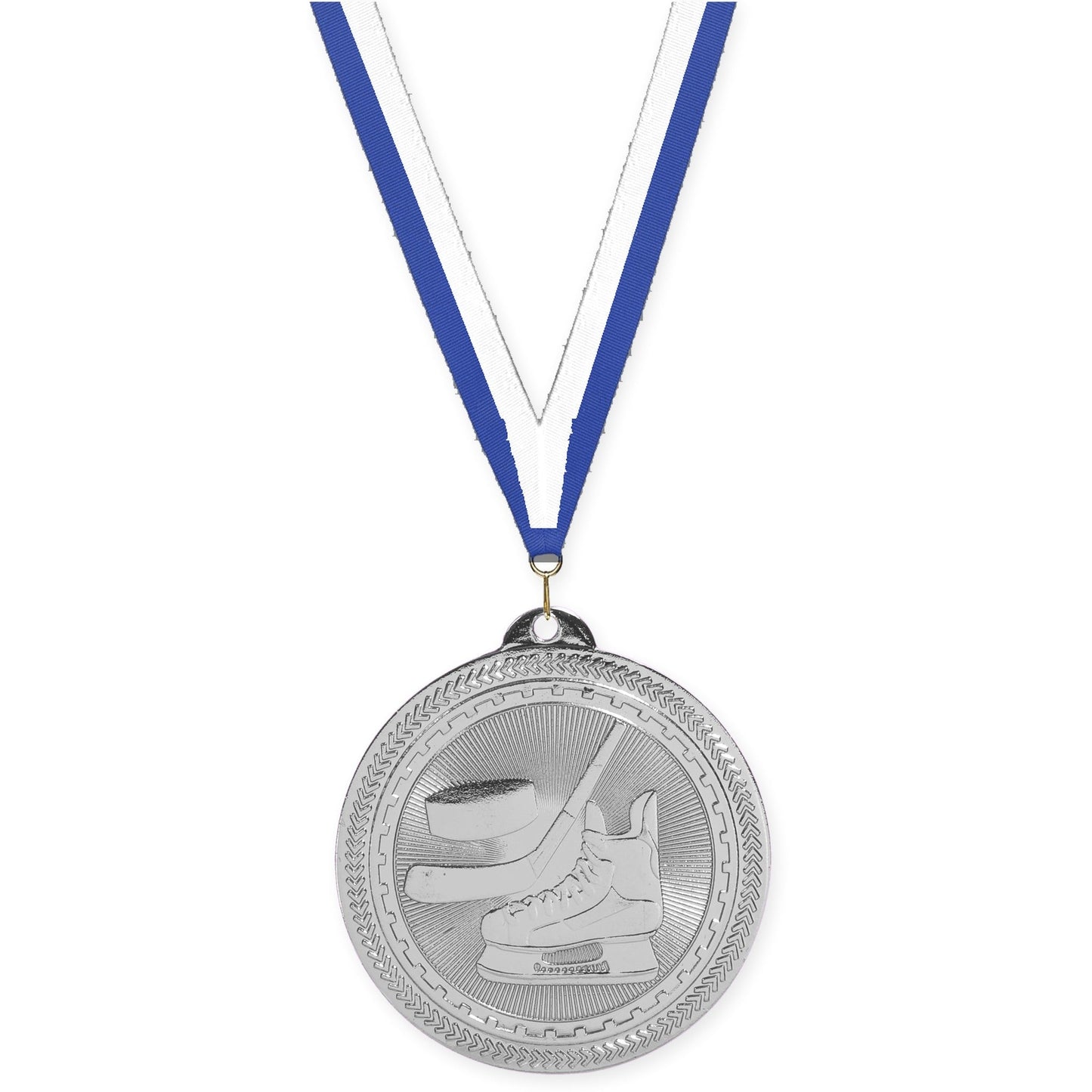 2 inch hockey Sunburst medal in bright silver with Blue White neck ribbon