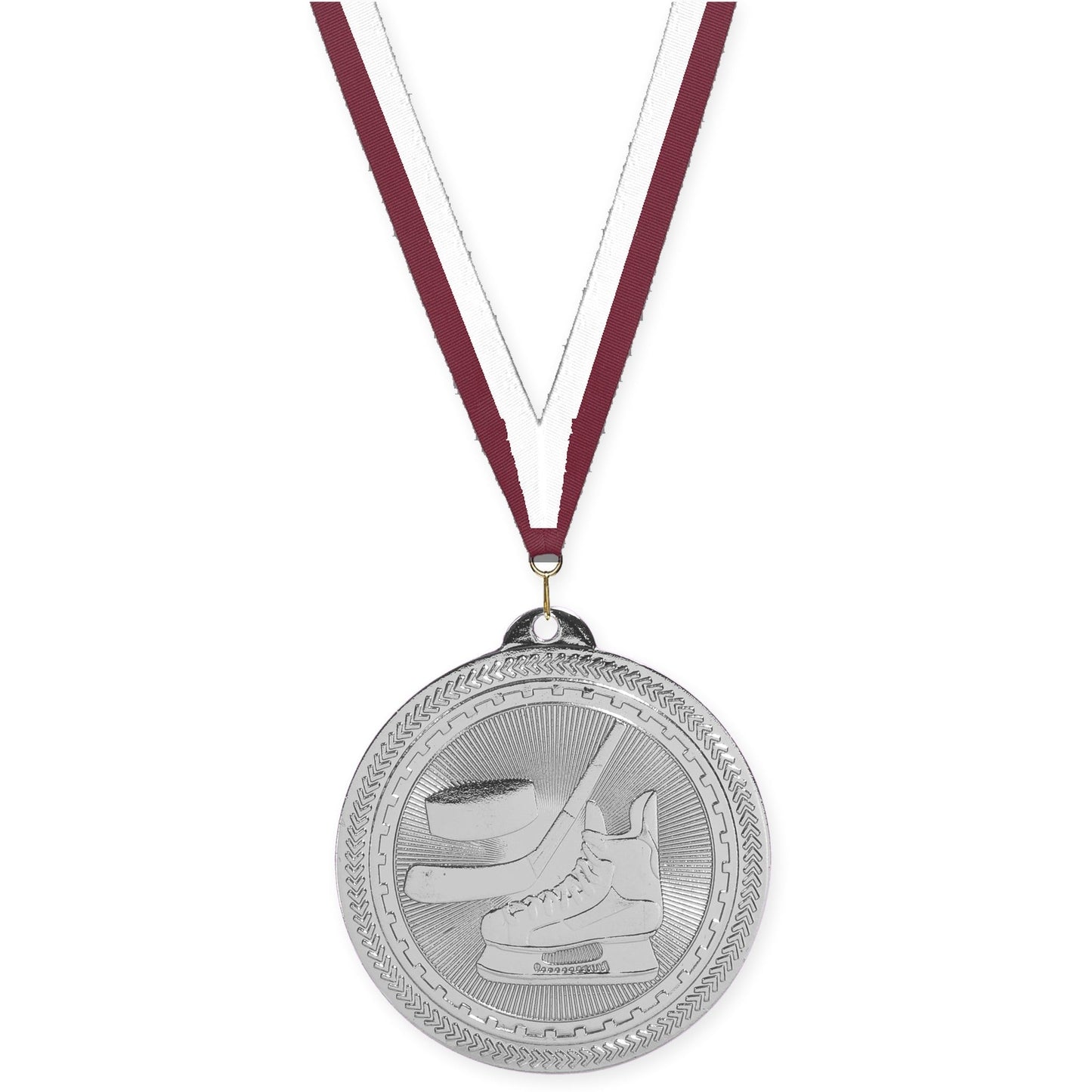 2 inch hockey Sunburst medal in bright silver with Maroon White neck ribbon