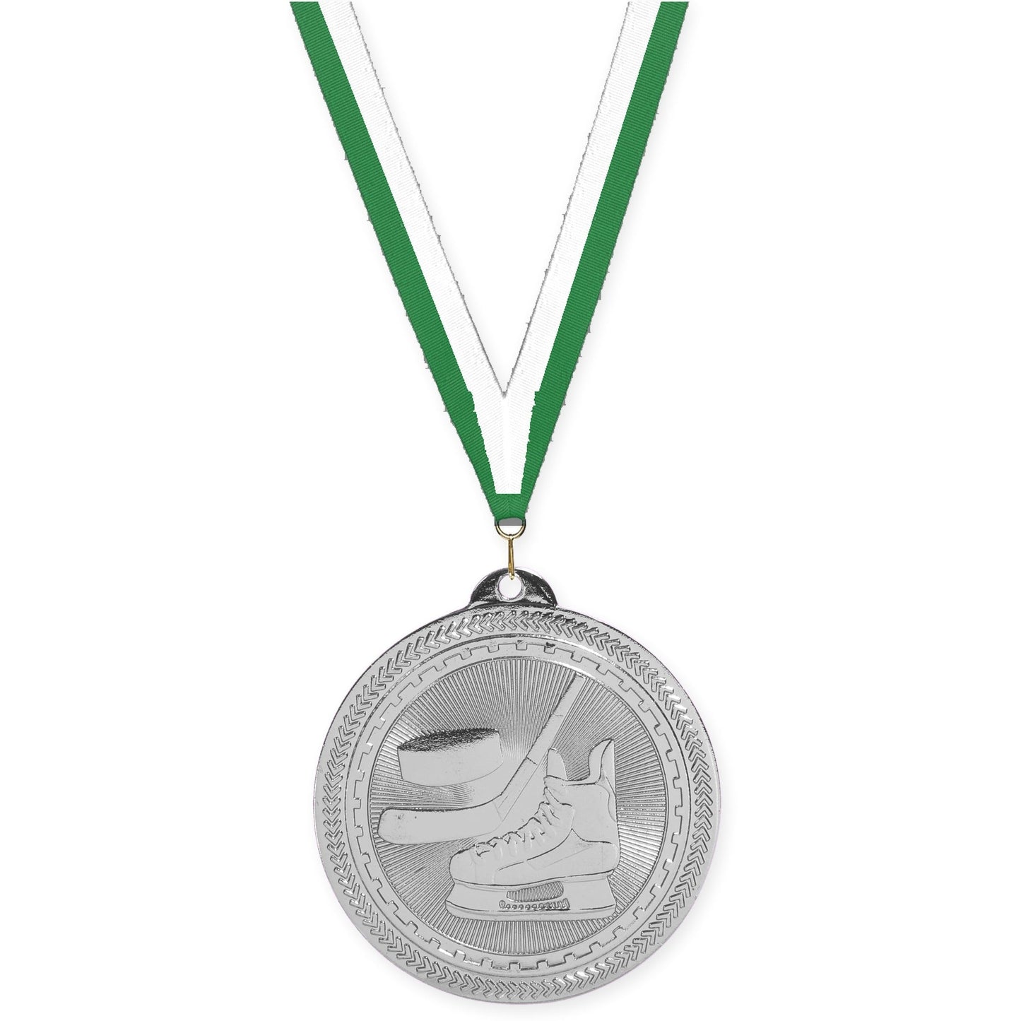 2 inch hockey Sunburst medal in bright silver with Green White neck ribbon