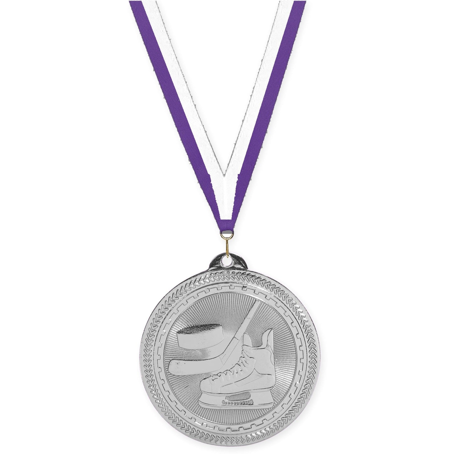 2 inch hockey Sunburst medal in bright silver with Purple White neck ribbon