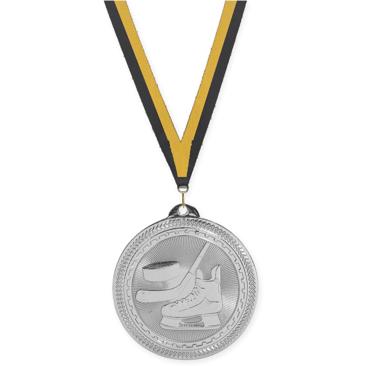 2 inch hockey Sunburst medal in bright silver with Black Gold neck ribbon