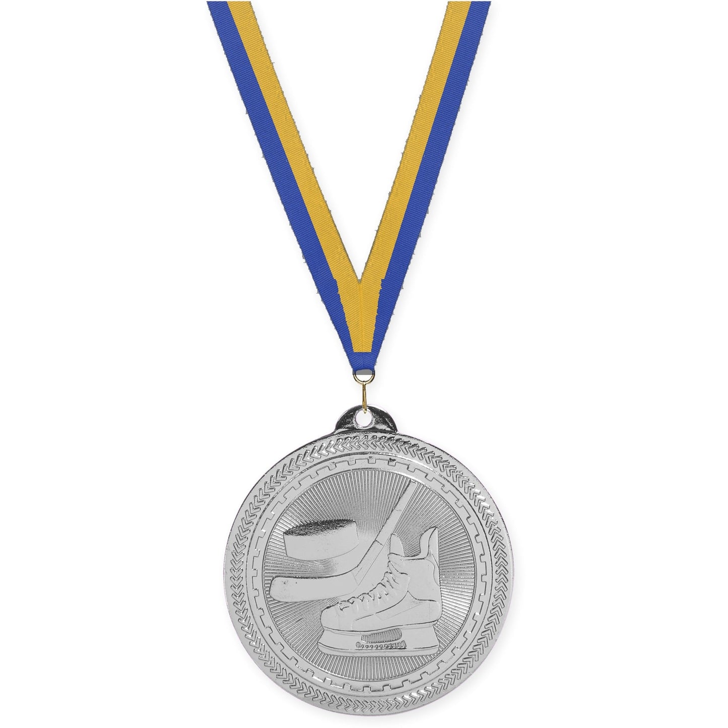 2 inch hockey Sunburst medal in bright silver with Blue Gold neck ribbon