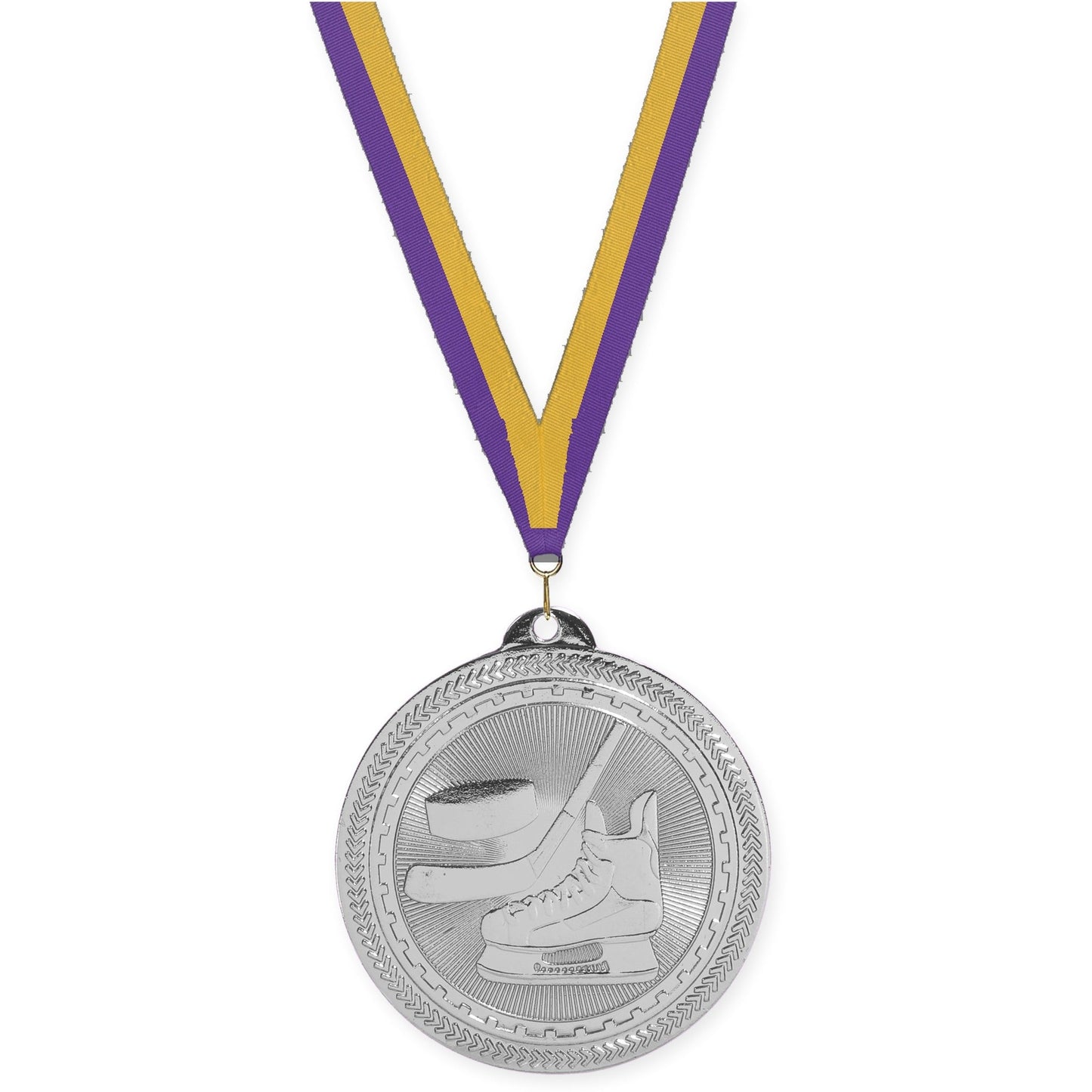 2 inch hockey Sunburst medal in bright silver with Purple Gold neck ribbon