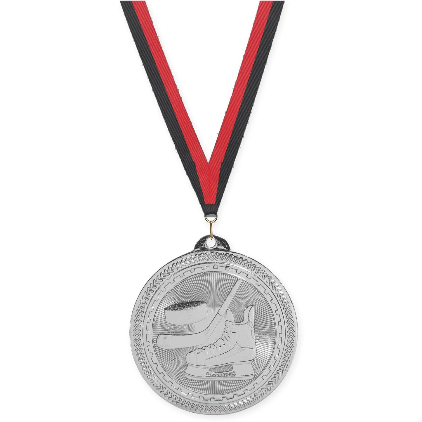 2 inch hockey Sunburst medal in bright silver with Black Red neck ribbon