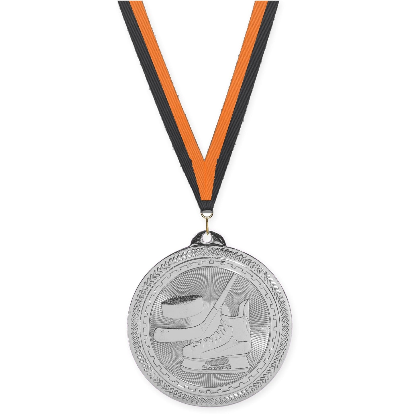 2 inch hockey Sunburst medal in bright silver with Black Orange neck ribbon