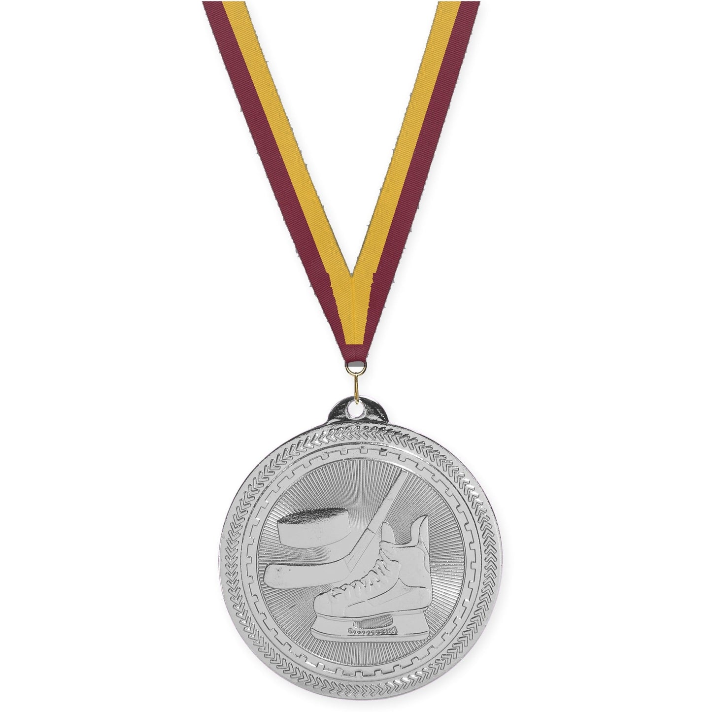 2 inch hockey Sunburst medal in bright silver with Maroon Gold neck ribbon