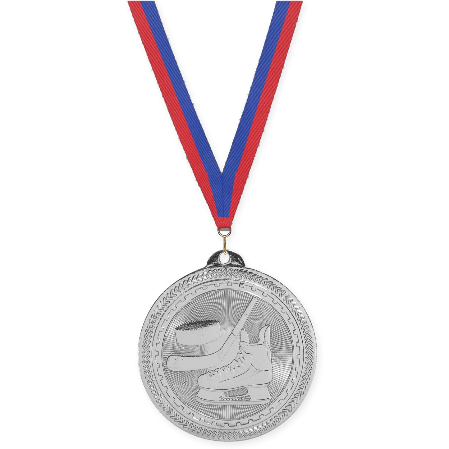 2 inch hockey Sunburst medal in bright silver with Blue Red neck ribbon