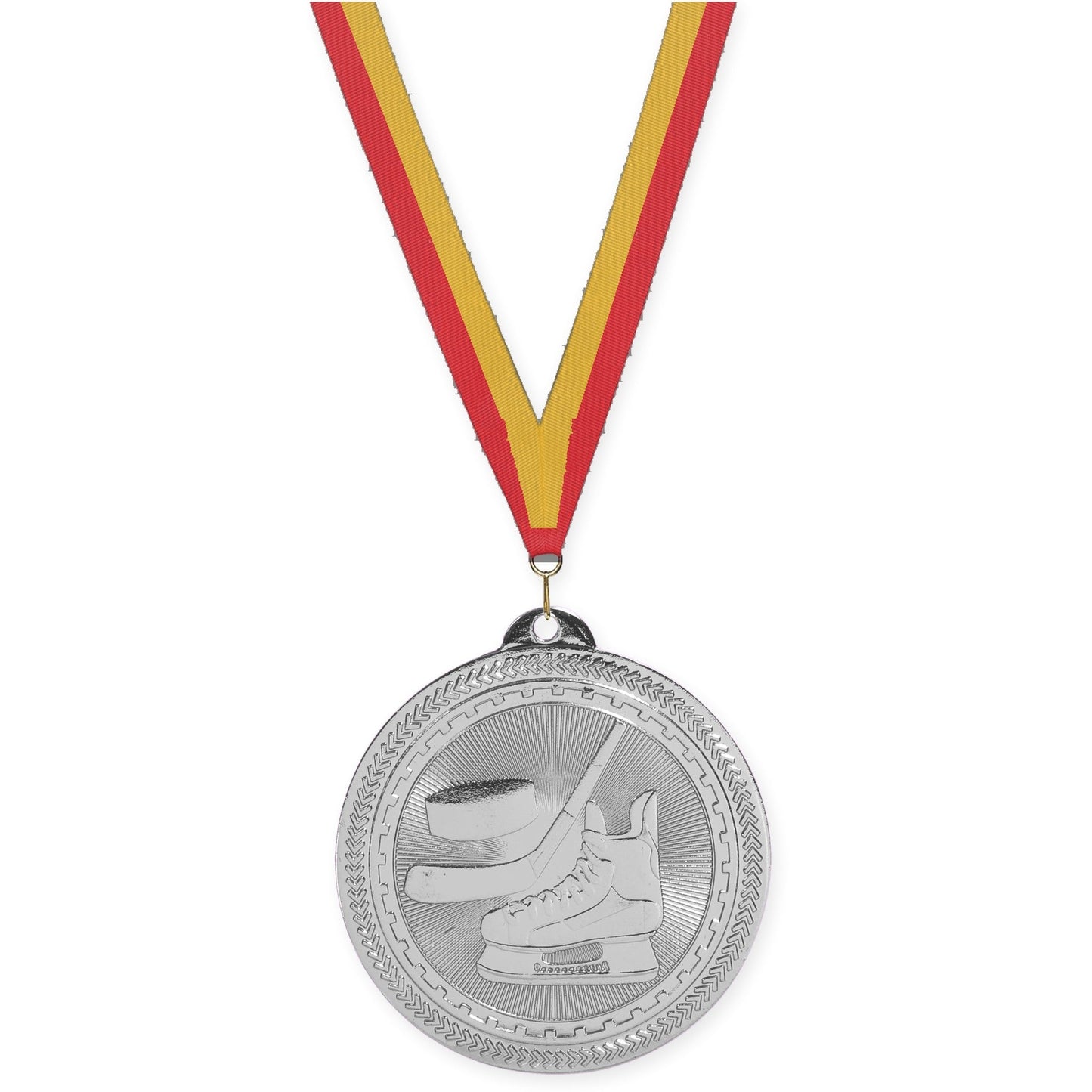 2 inch hockey Sunburst medal in bright silver with Red Gold neck ribbon