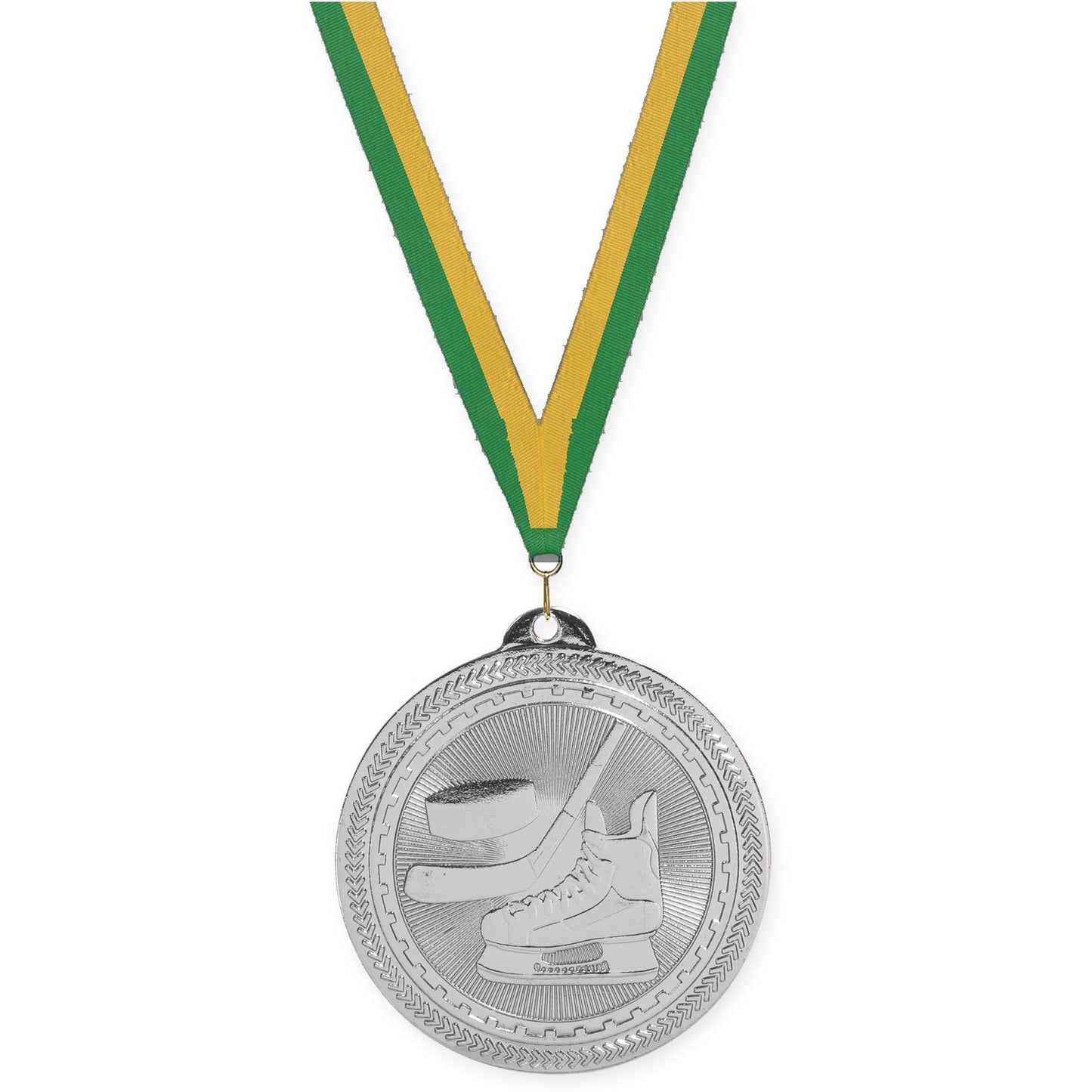 2 inch hockey Sunburst medal in bright silver with Green Gold neck ribbon