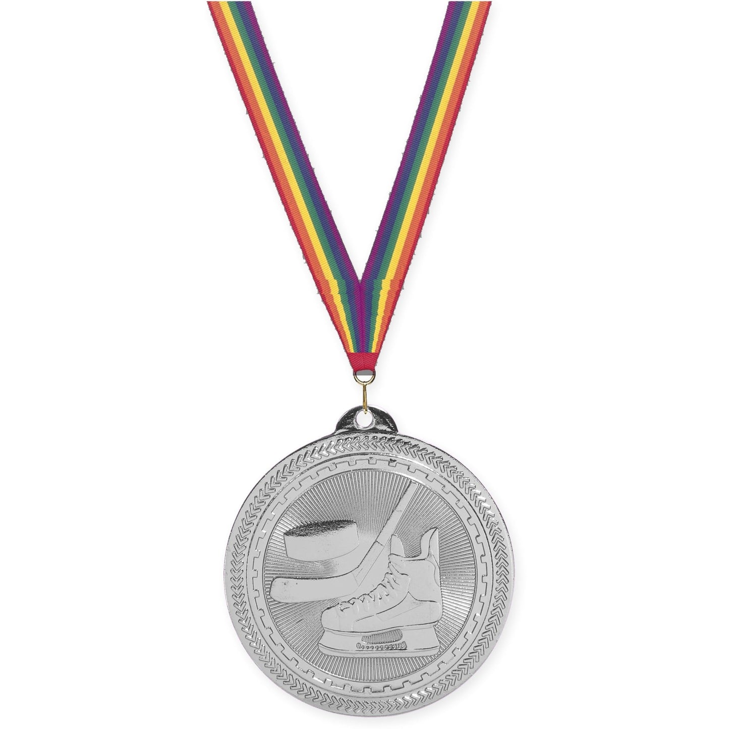 2 inch hockey Sunburst medal in bright silver with Rainbow neck ribbon