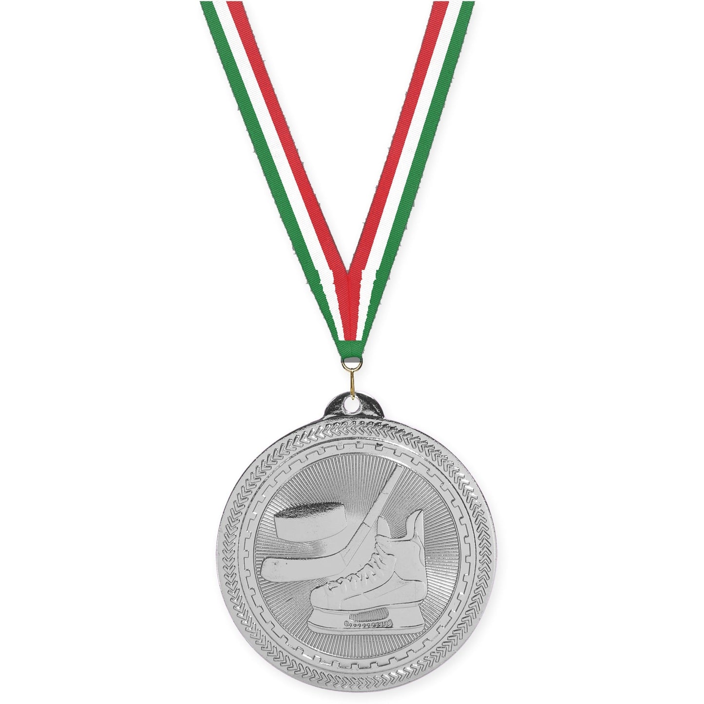 2 inch hockey Sunburst medal in bright silver with Green White Red neck ribbon